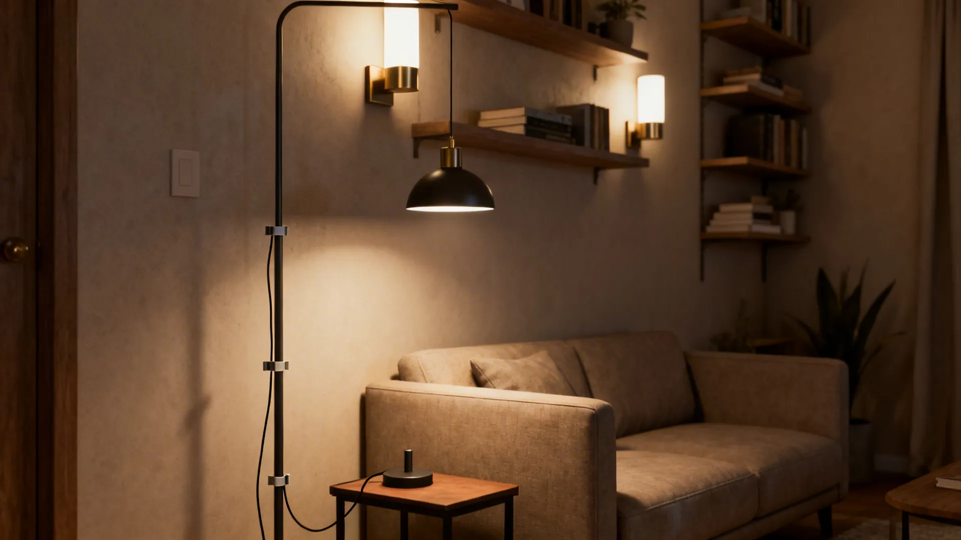 Scaled lighting in a small living room: slender floor lamp, wall sconces and tidy cable management