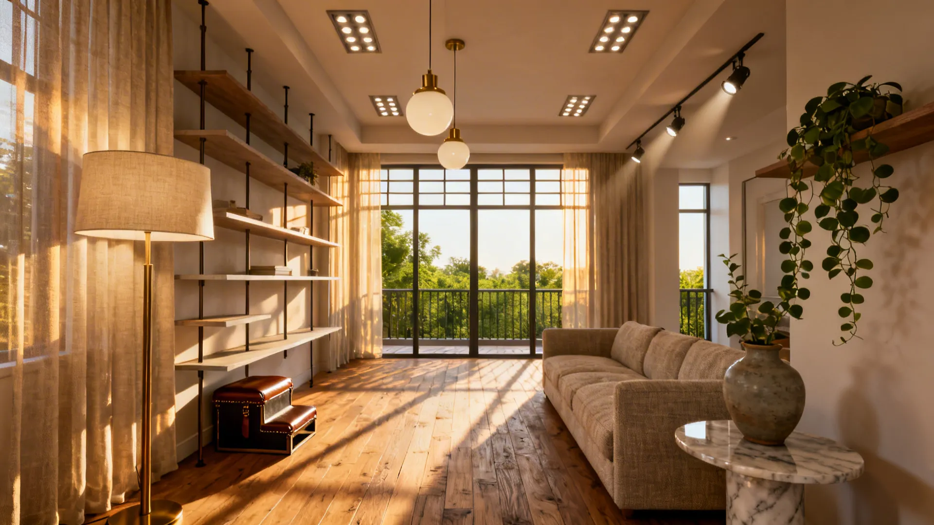 Living room with higher-hung lighting, tall floor lamp and adjustable shelving with step stool for accessibility