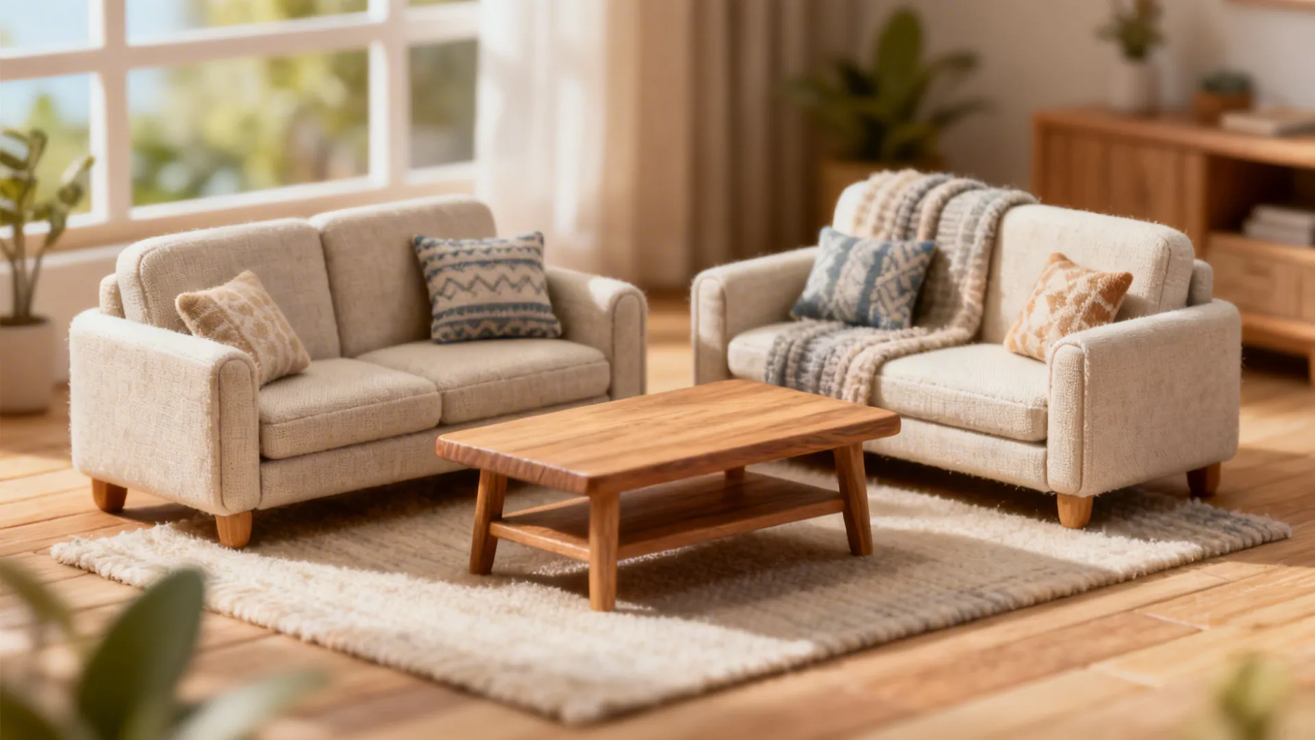 Scaled-down matching sofa, loveseat, and coffee table creating a cohesive look in a small living room.
