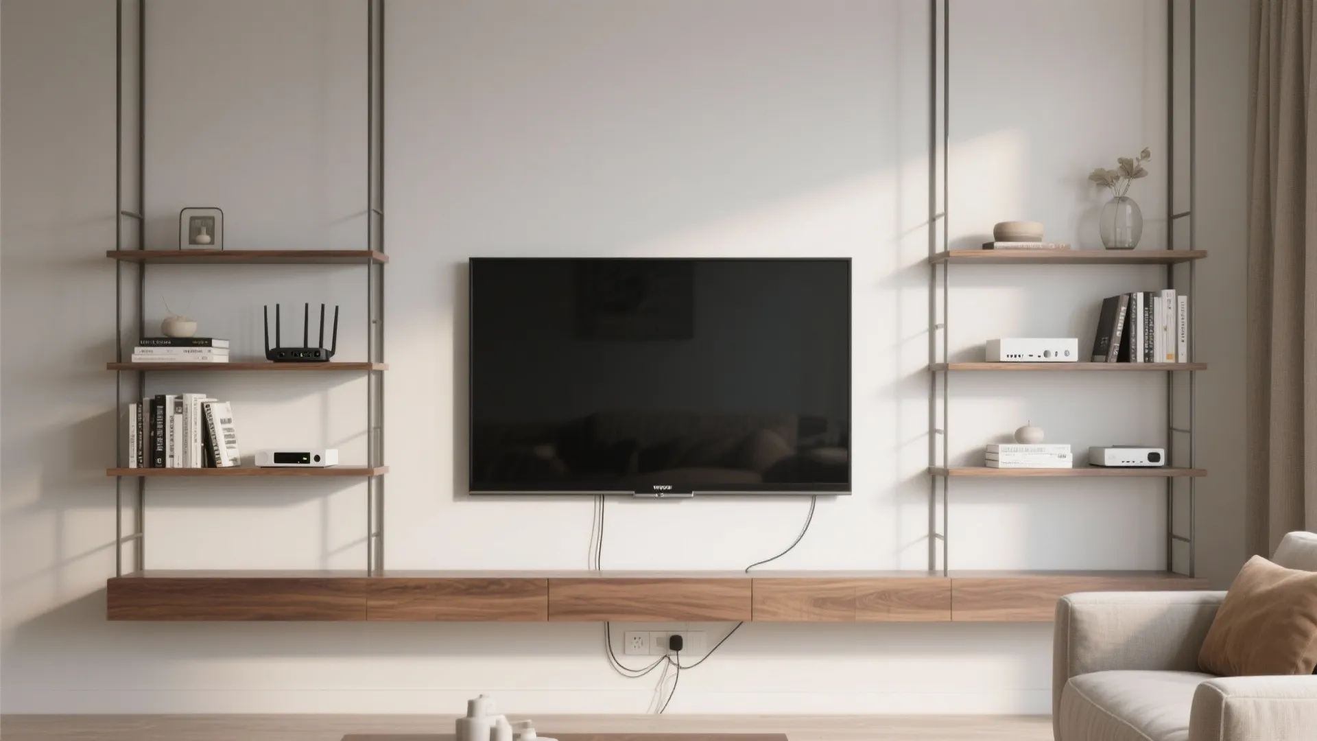 Scaled Media Wall with Slim Shelving
