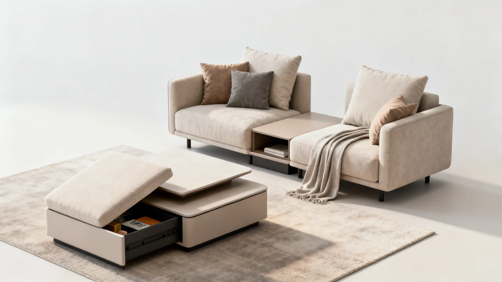 Compact sofa, nesting tables and storage ottoman in a small living room demonstrating multifunctional layout
