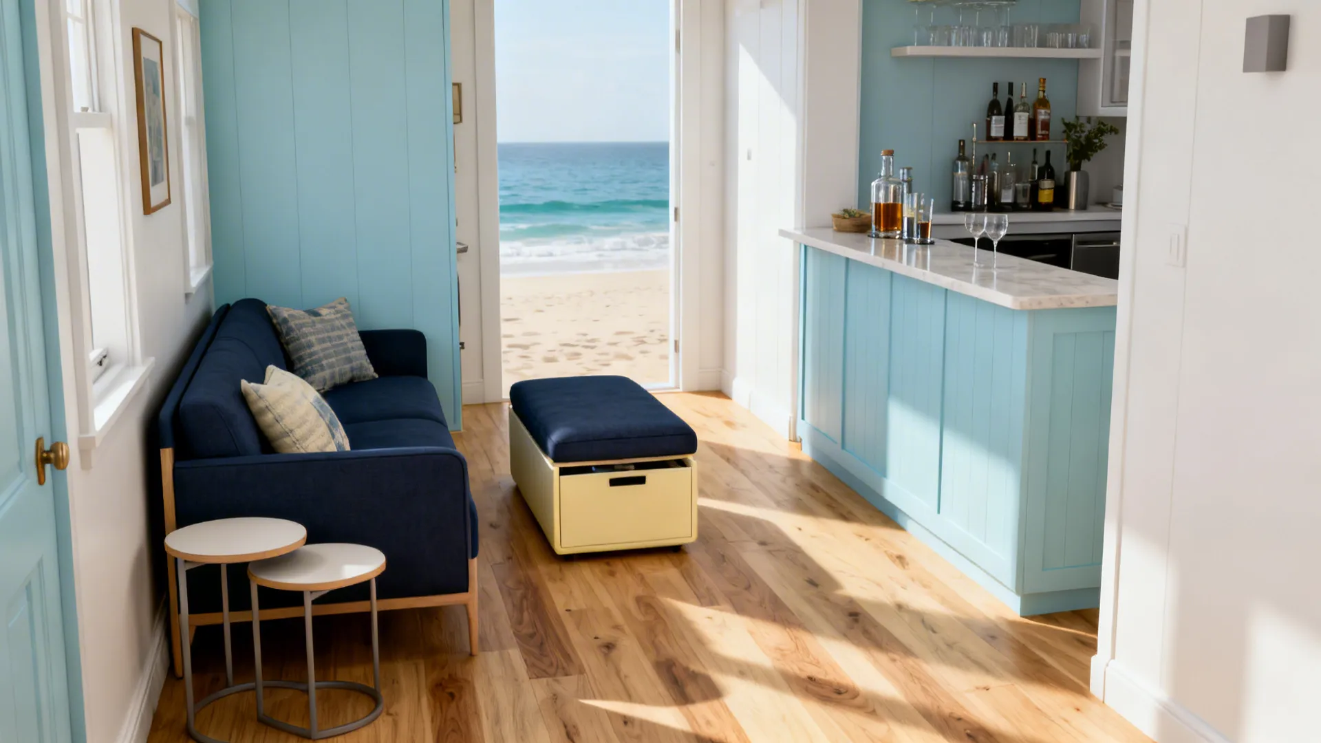 Compact living room with slim sofa, nesting tables and storage ottoman for multifunction use