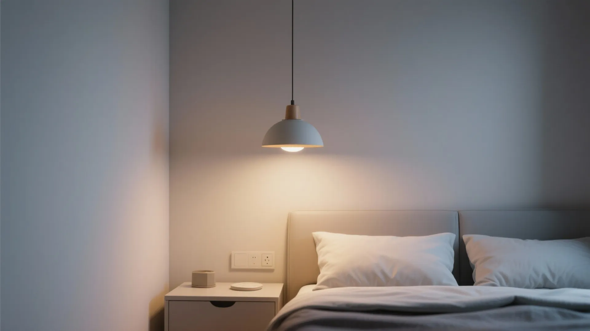 Minimalist bedroom with a grey bed and a hanging ceiling light over the white nightstand