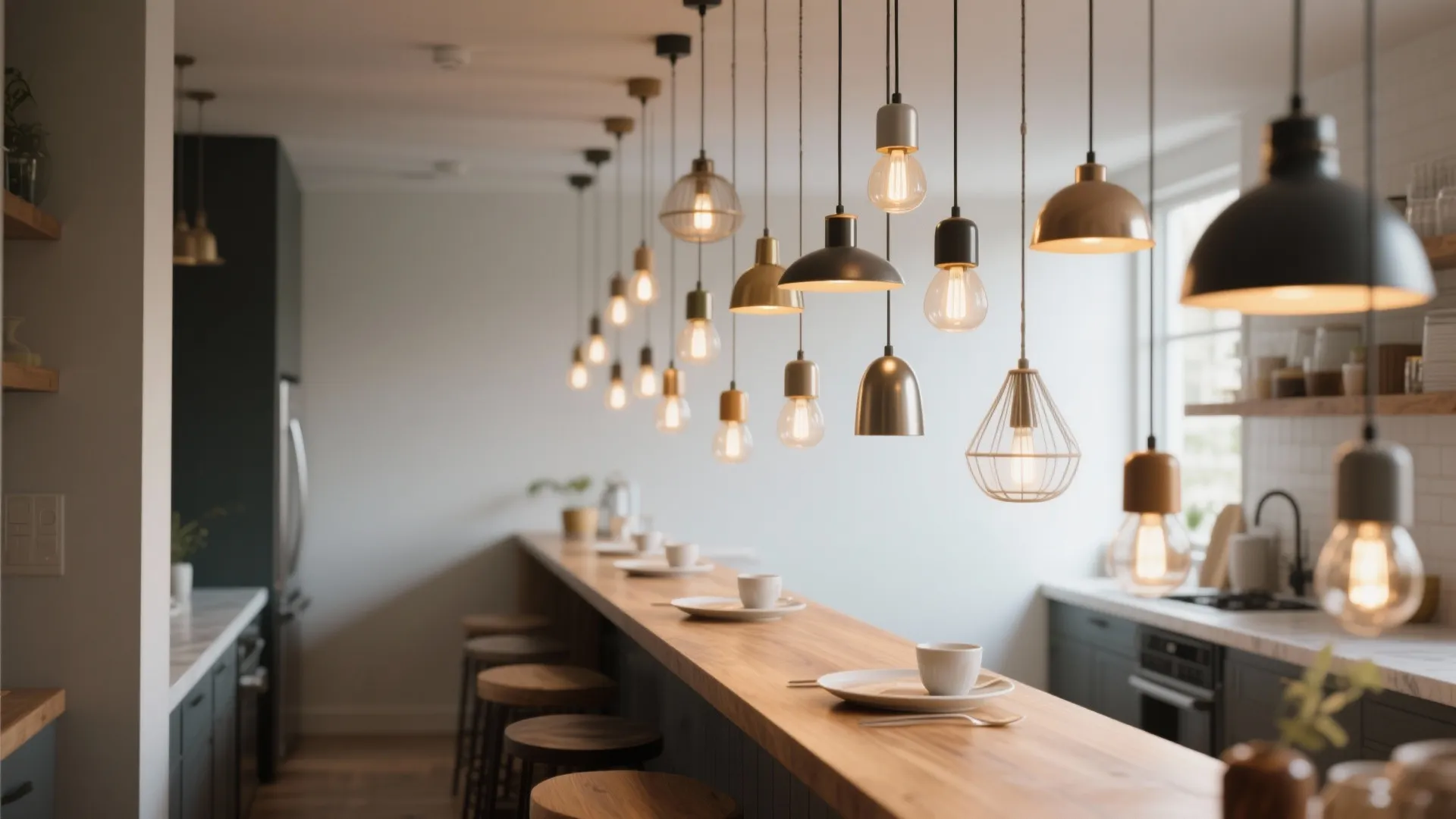 Row of many different ceiling light fixtures hanging over a long wooden kitchen breakfast bar