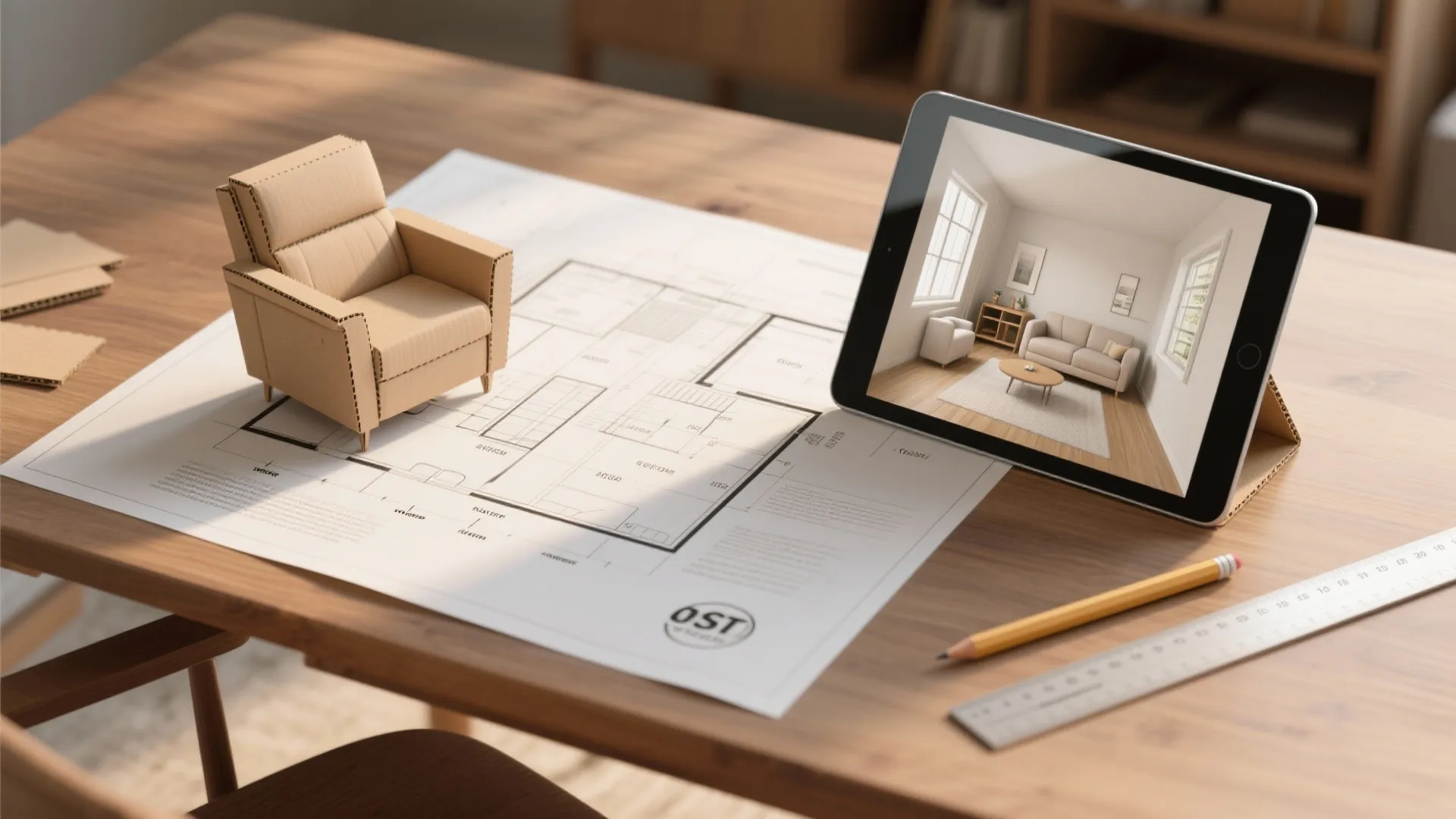 Flatlay of a scaled floorplan, cardboard cutouts and a tablet showing a 3D mock-up for testing recliner placement.