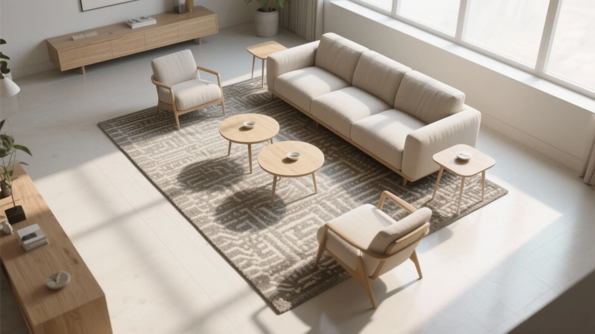 High angle view of beige sofa and chairs on patterned rug with round wooden coffee table