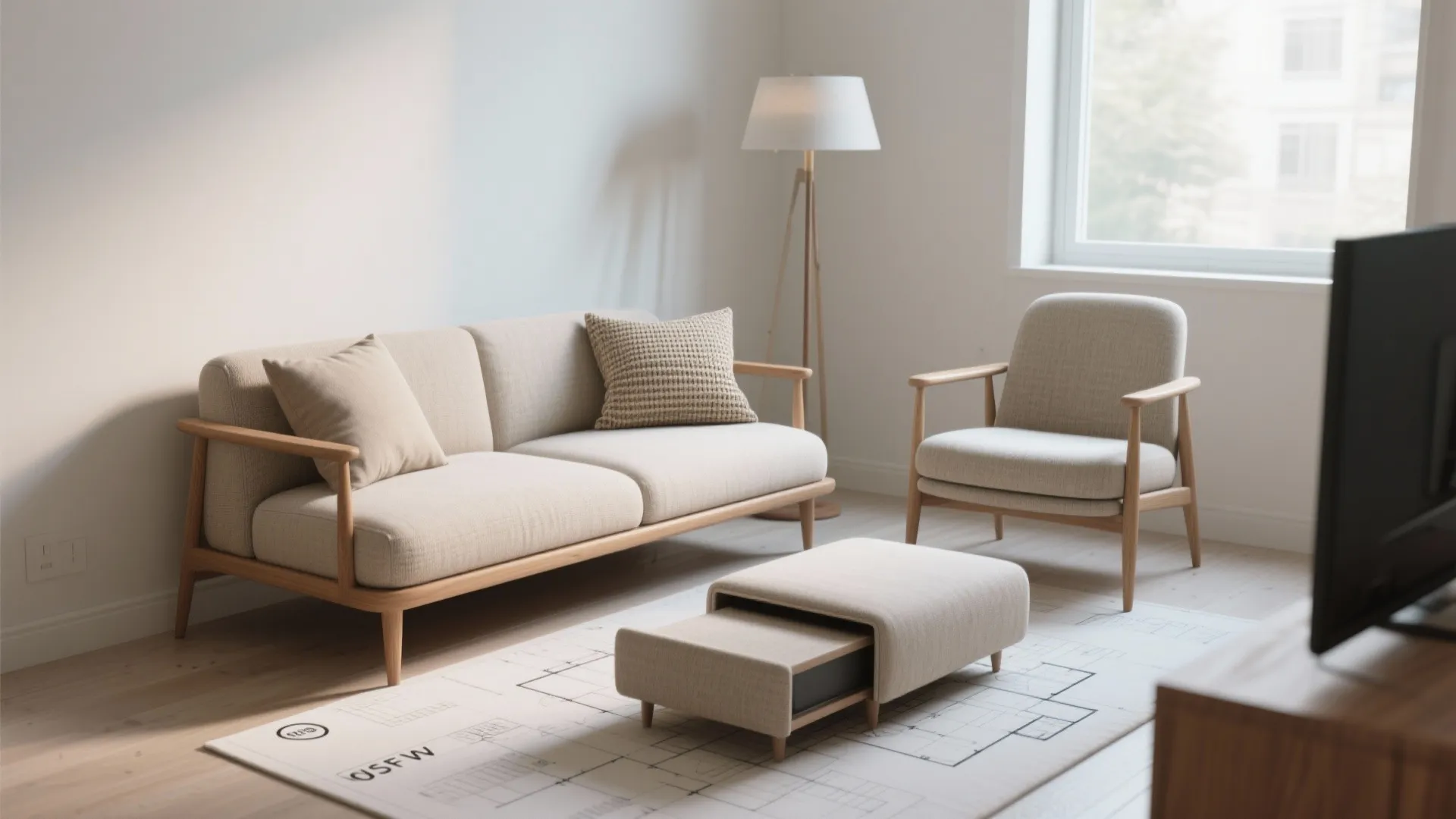 Simple living room with beige sofa and chair placed on a rug with floor plan