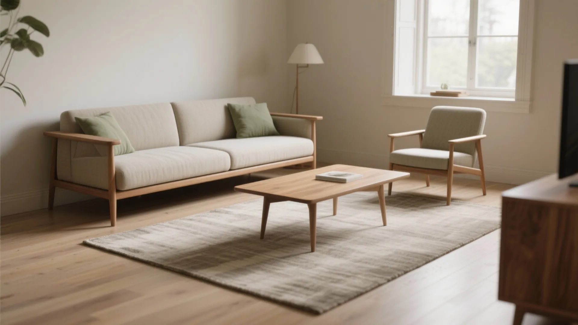Minimalist living room design with light beige sofa armchair wooden coffee table and large floor window