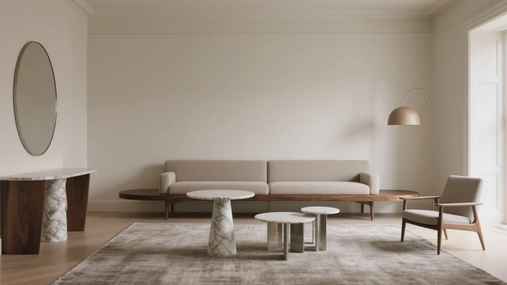 Scaled seating and sculptural accents that respect circulation