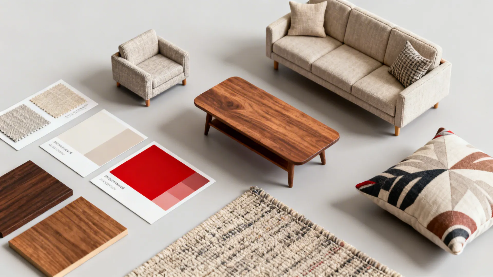 Flatlay mood-board of a scaled-down sofa and loveseat set with material swatches