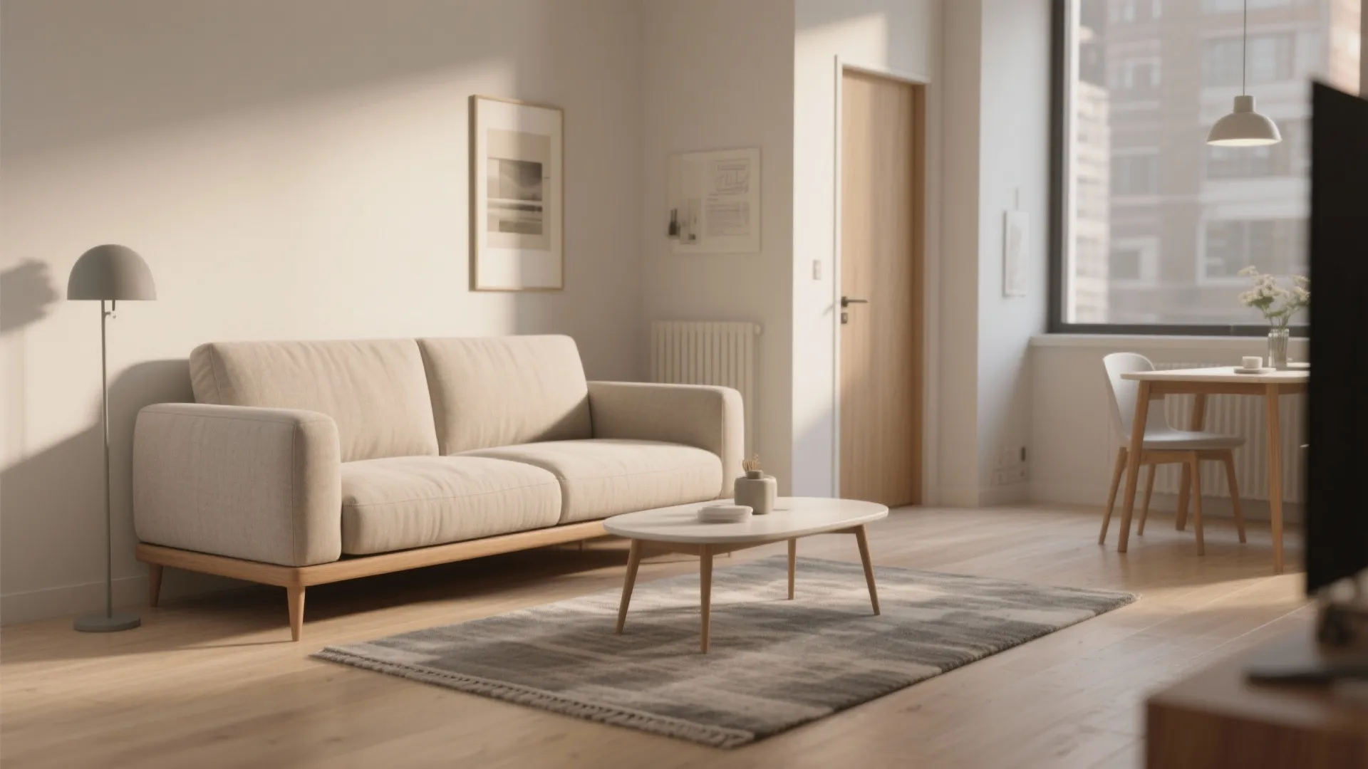 Minimalist living room with beige sofa, grey rug, oval coffee table, floor lamp, and dining