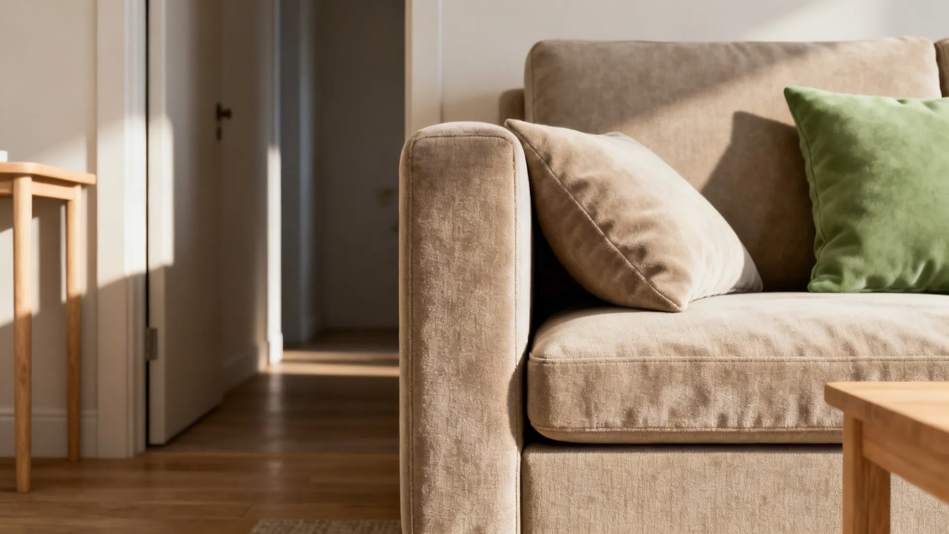 Close-up of a compact sofa showing seat depth and a lumbar cushion in a small living room