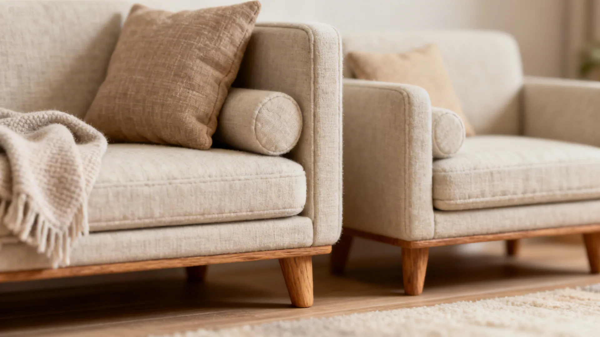 Close-up of a compact sofa and loveseat with visible legs, lumbar cushions, and a soft throw