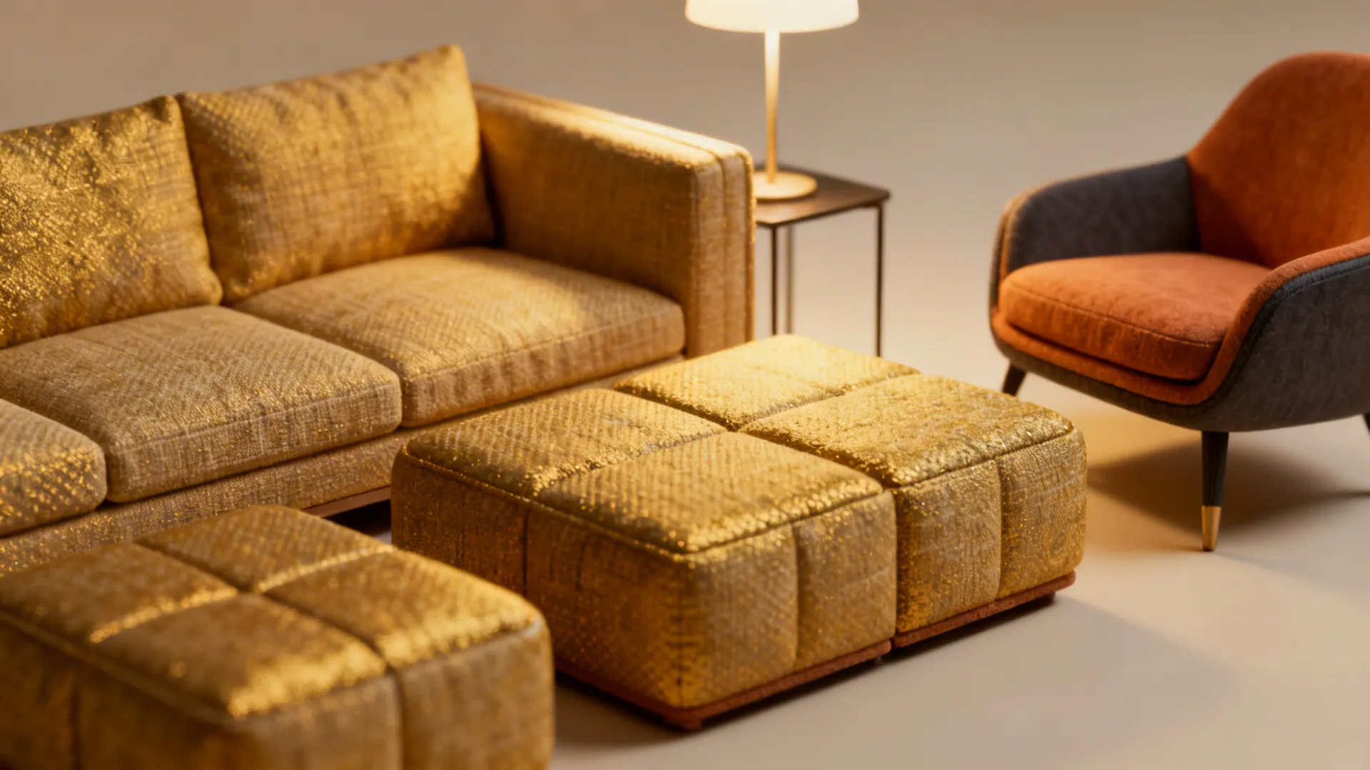 Scaled sofa with modular ottomans and a contrasting accent chair highlighting proportion and texture.