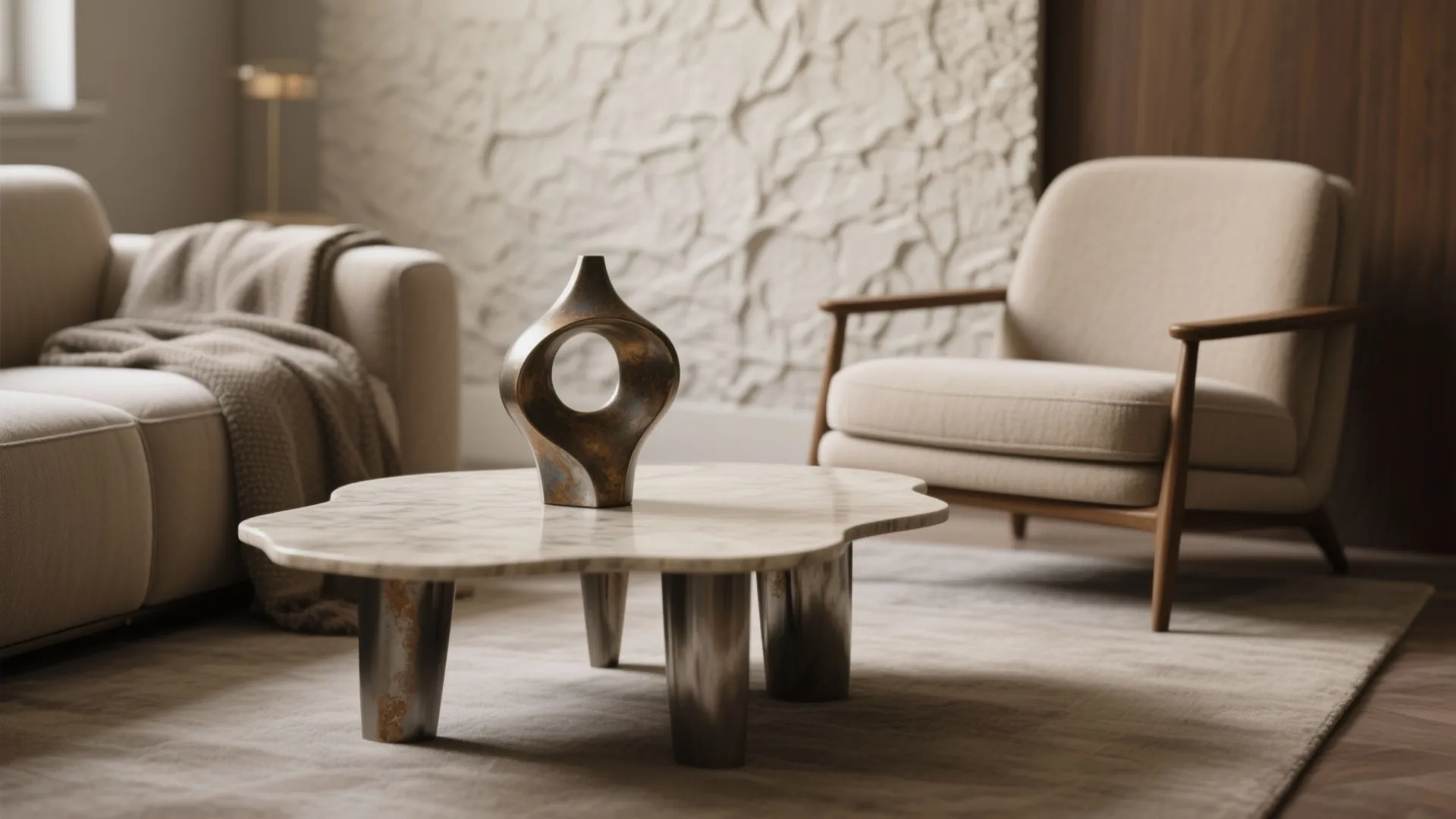 Modern living room with marble coffee table cream colored chair sofa and textured wall design