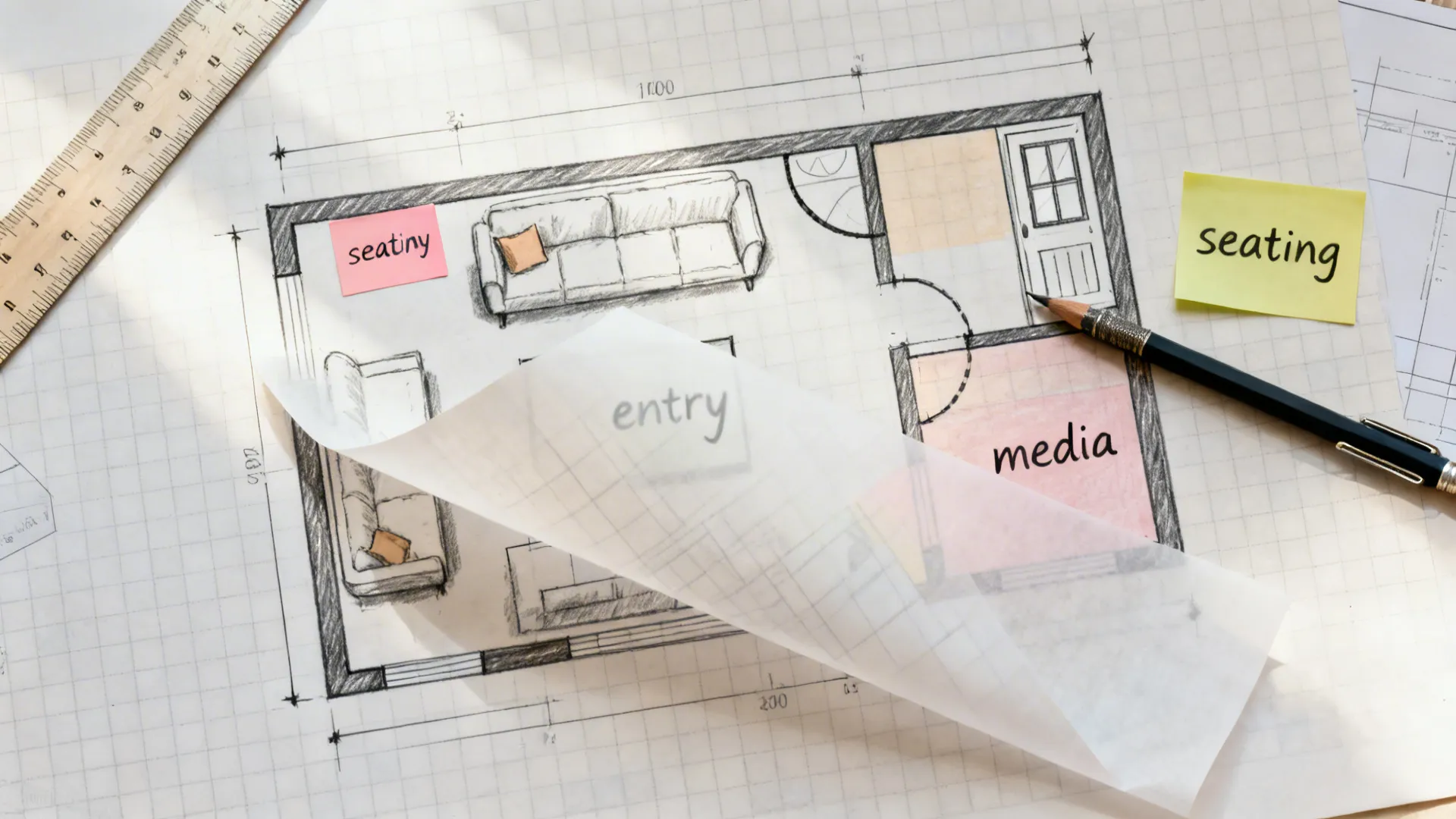 Top-down view of a scaled living room rectangle on graph paper with zone sticky notes and door swing arcs.