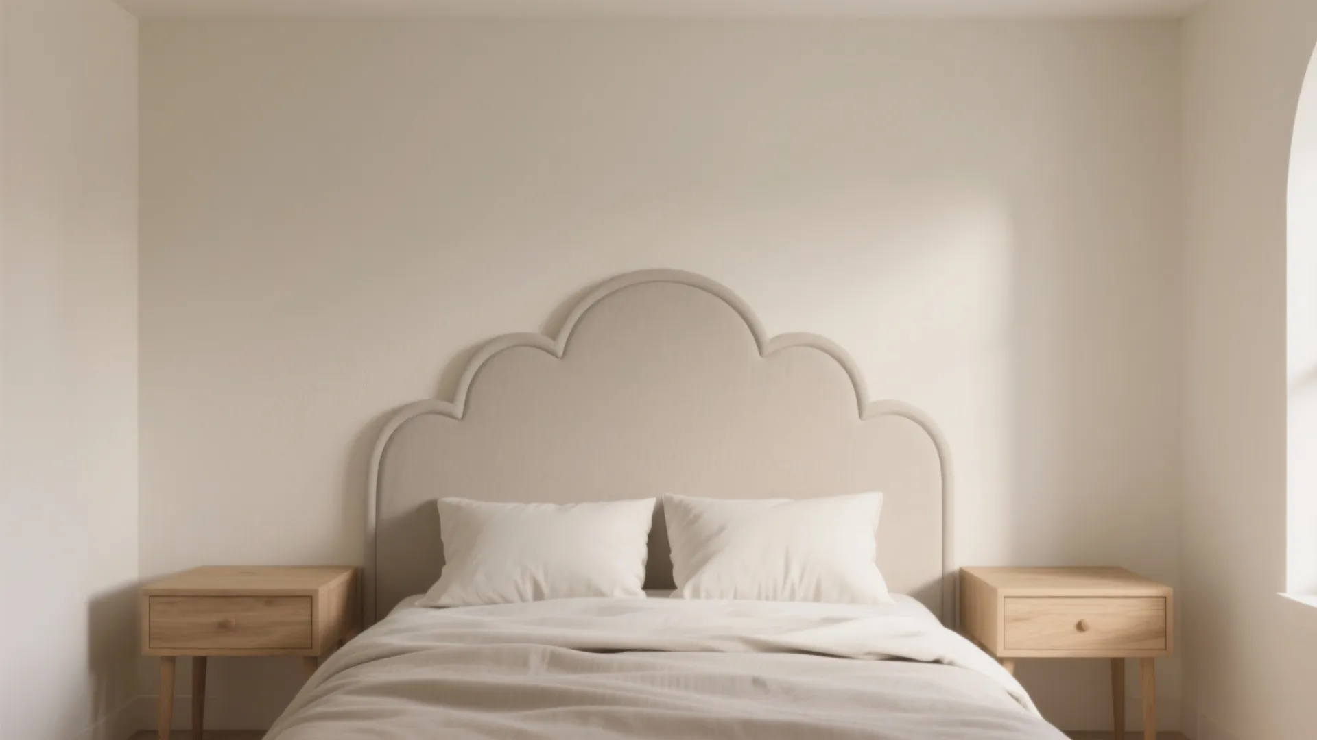 Minimalist bedroom featuring a scalloped headboard two white pillows and two wooden side tables drawers