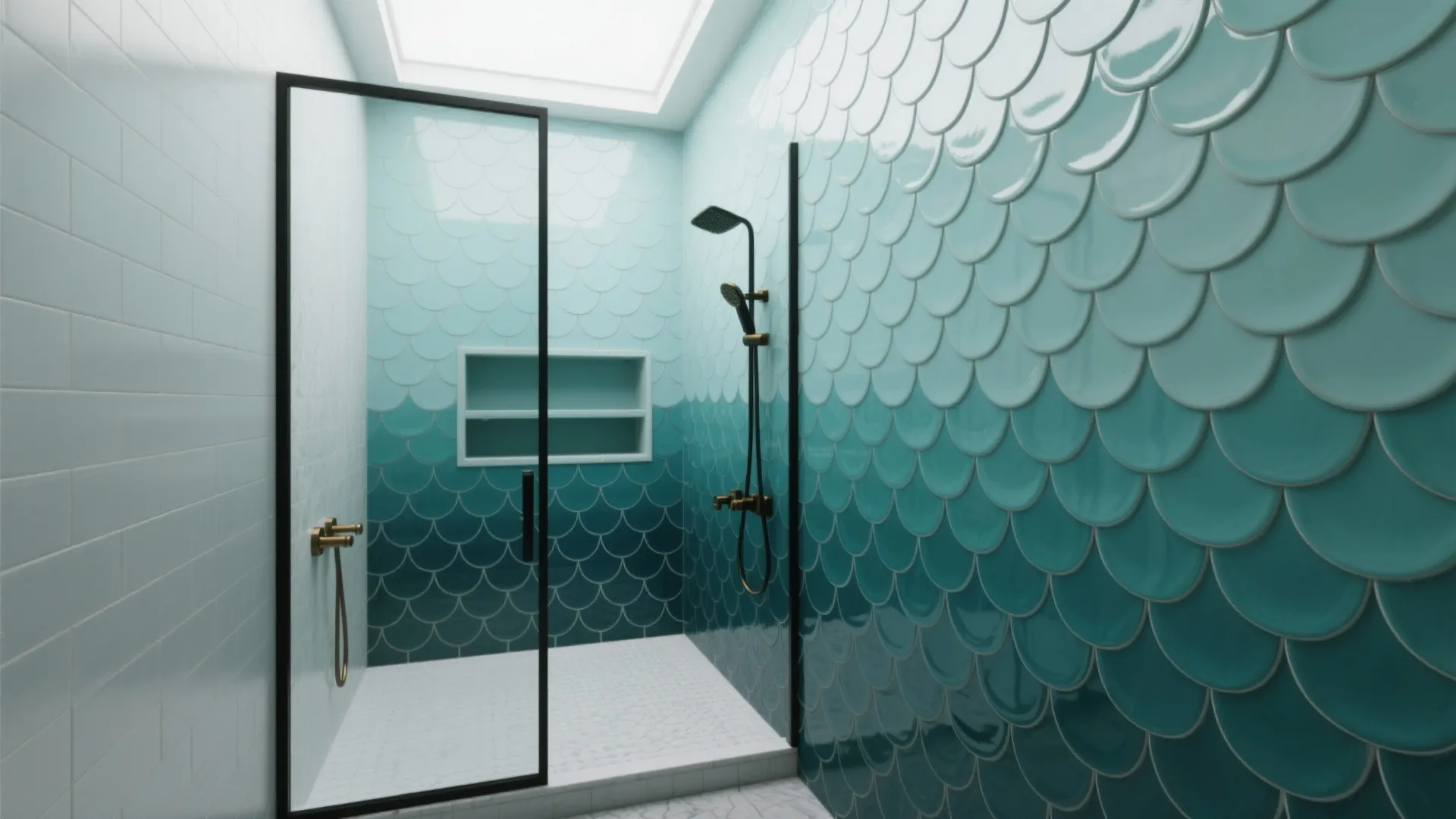 Walk in shower with teal scale pattern wall tiles gold light fixture and glass door