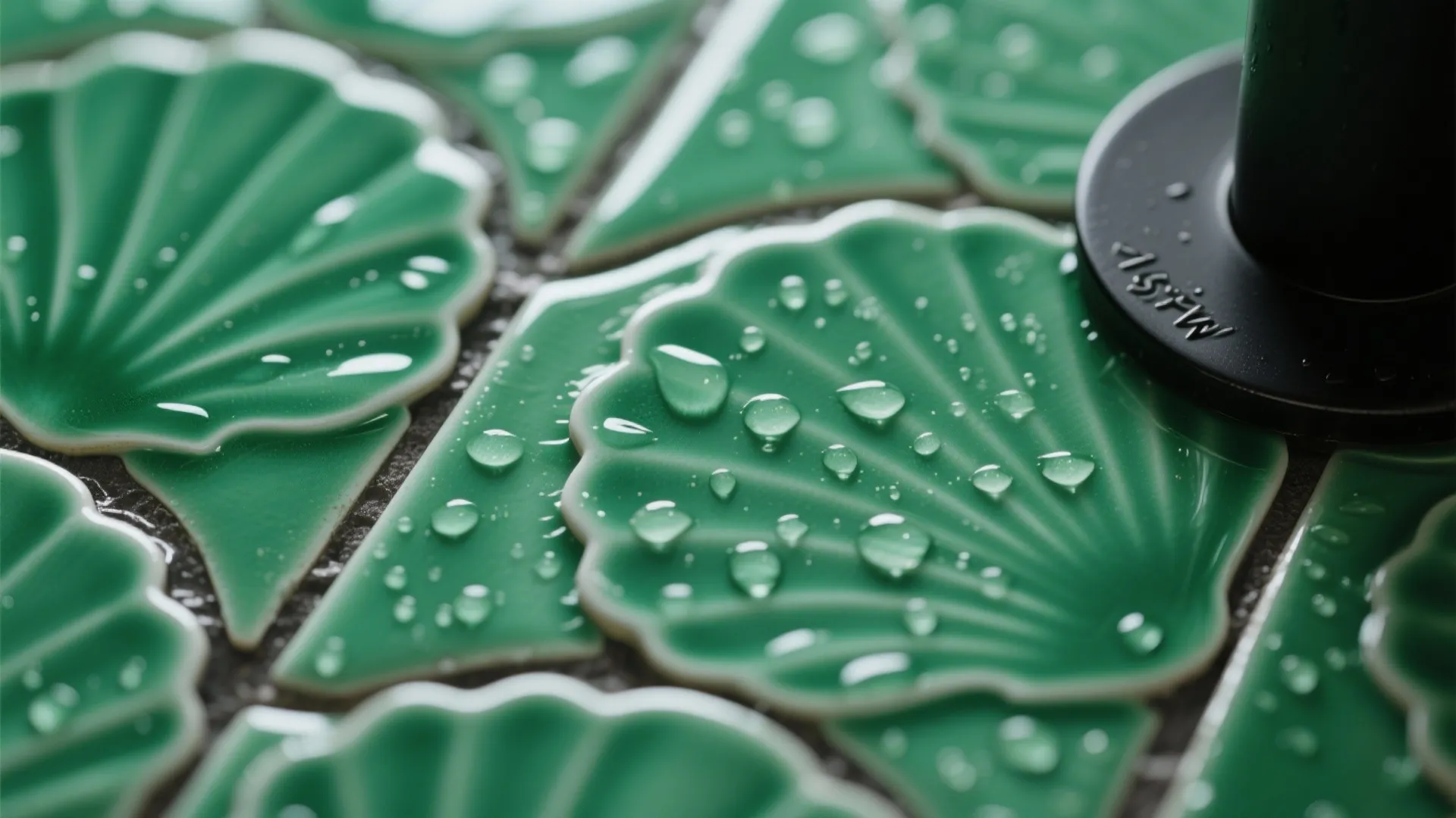 Macro of emerald scallop tiles with satin glaze and darker grout lines.