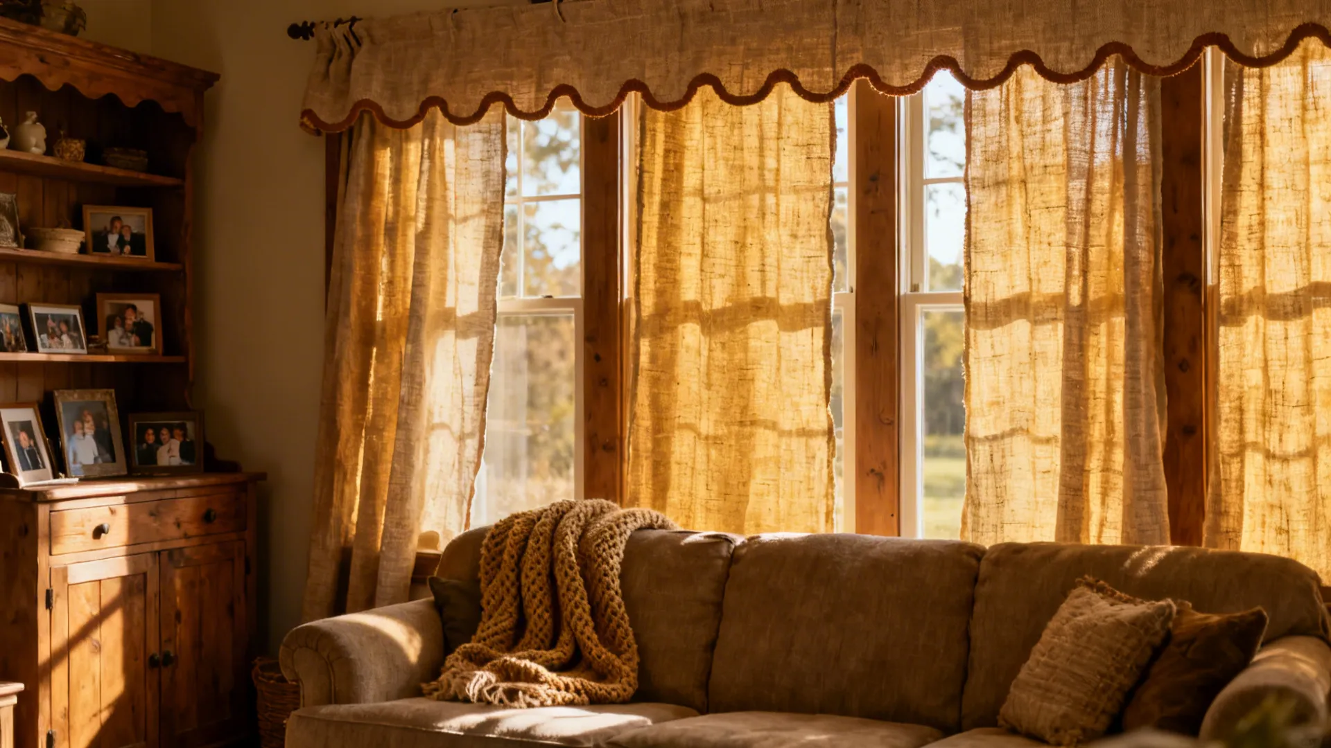 Cozy living room featuring a brown sofa and rustic wooden cabinet under large sunny draped windows