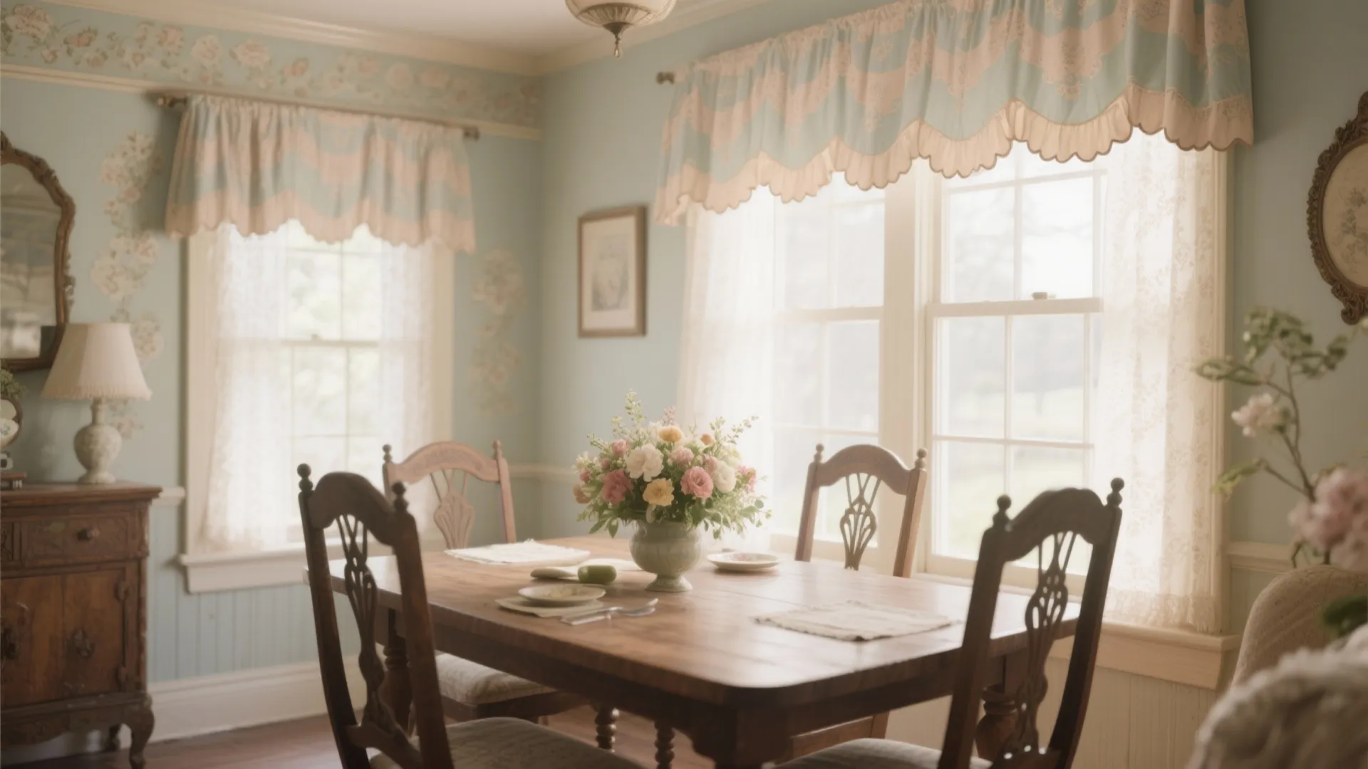 Traditional dining room with light blue walls floral wallpaper wooden table chairs and decorative curtain