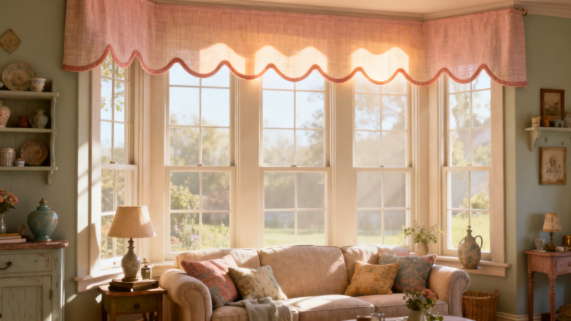 Cozy living room with a gentle scalloped valance and vintage accents