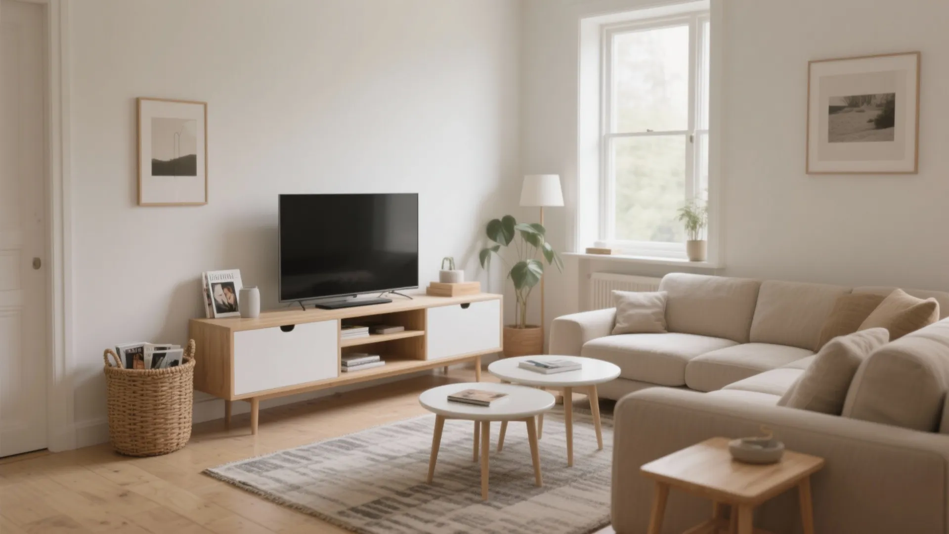 Bright Scandinavian living room with television on wooden cabinet and a comfortable beige corner sofa