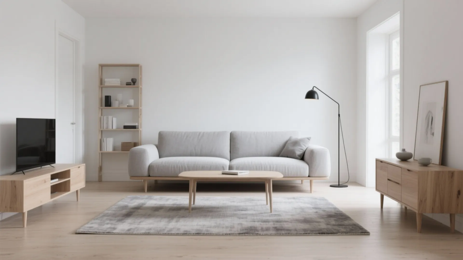 Minimalist living room with grey sofa wooden coffee table black floor lamp and tall book shelf