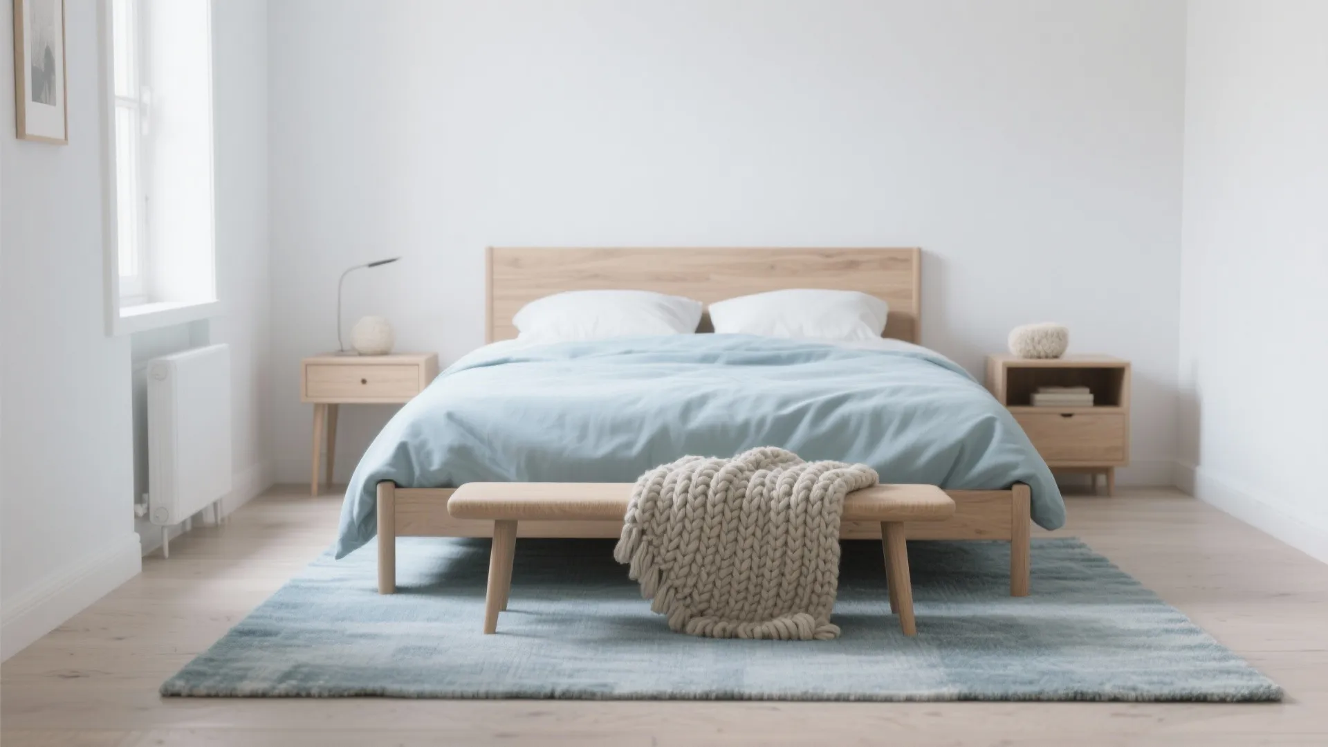 Modern bedroom with wooden bed frame light blue bedding grey rug and neutral wall colors