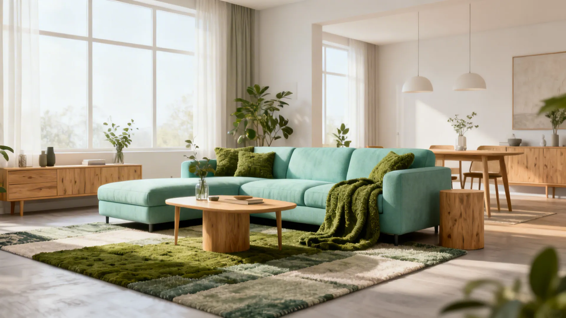 Scandi living room with a muted aquamarine sofa, moss-green textiles and oak furniture