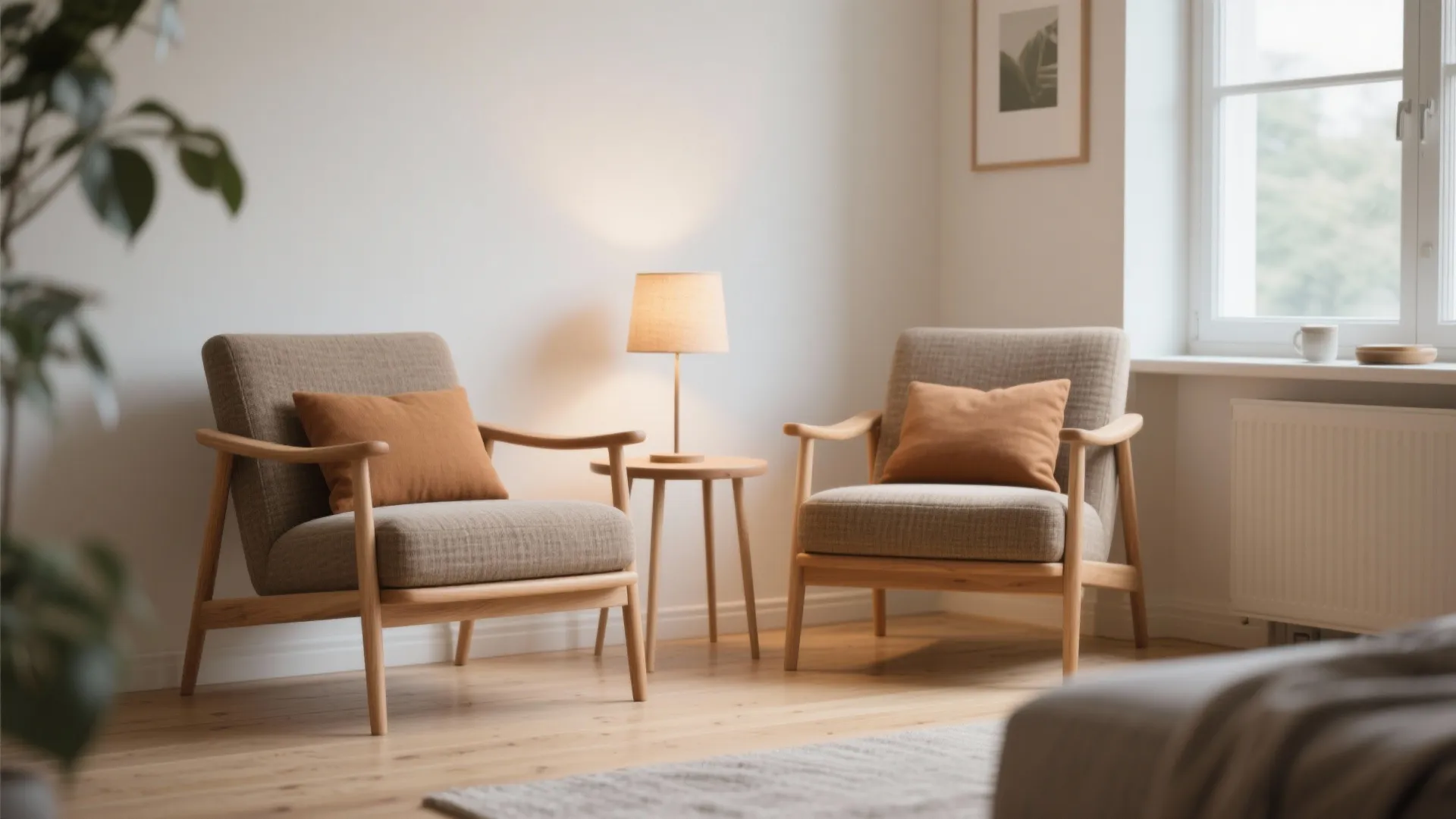 Pair of Scandinavian wooden armchairs with fabric cushions creating a bright reading nook beside a window.