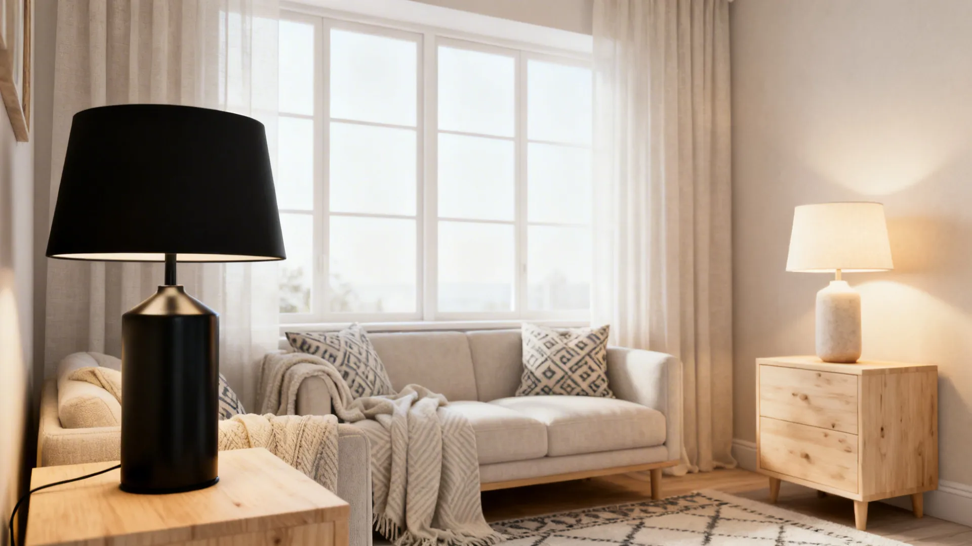 Scandinavian small living room showing a black table lamp balanced with pale woods and a second soft lamp
