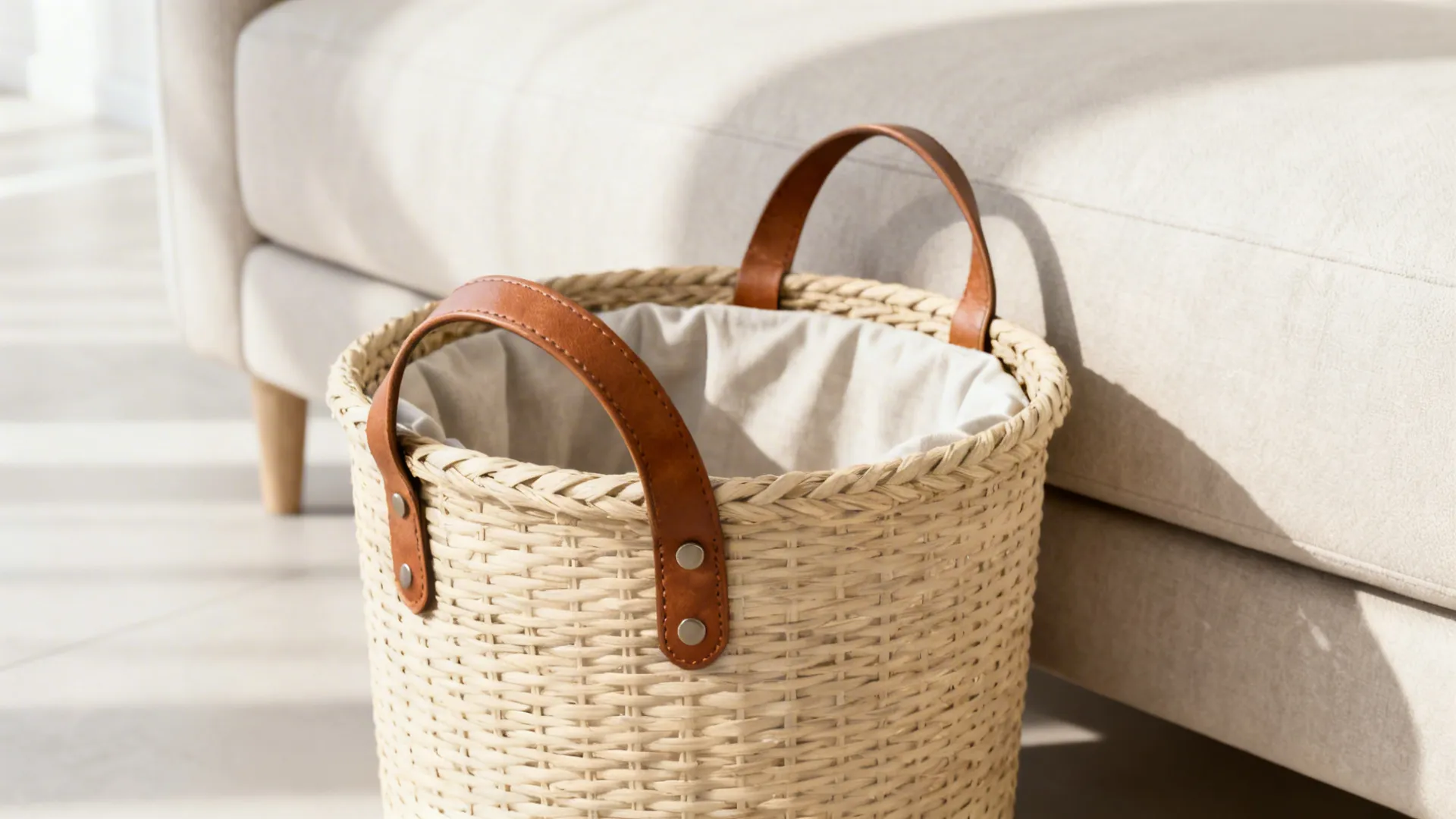Scandinavian light-toned basket with leather handles beside a pale sofa, showing clean lines.