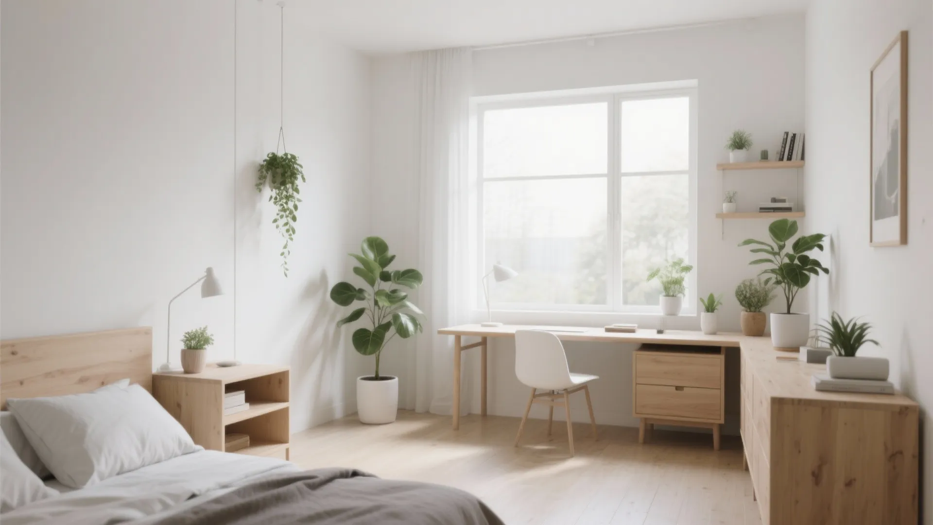 Bright minimalist bedroom featuring white walls wooden floor corner desk area and many green plants