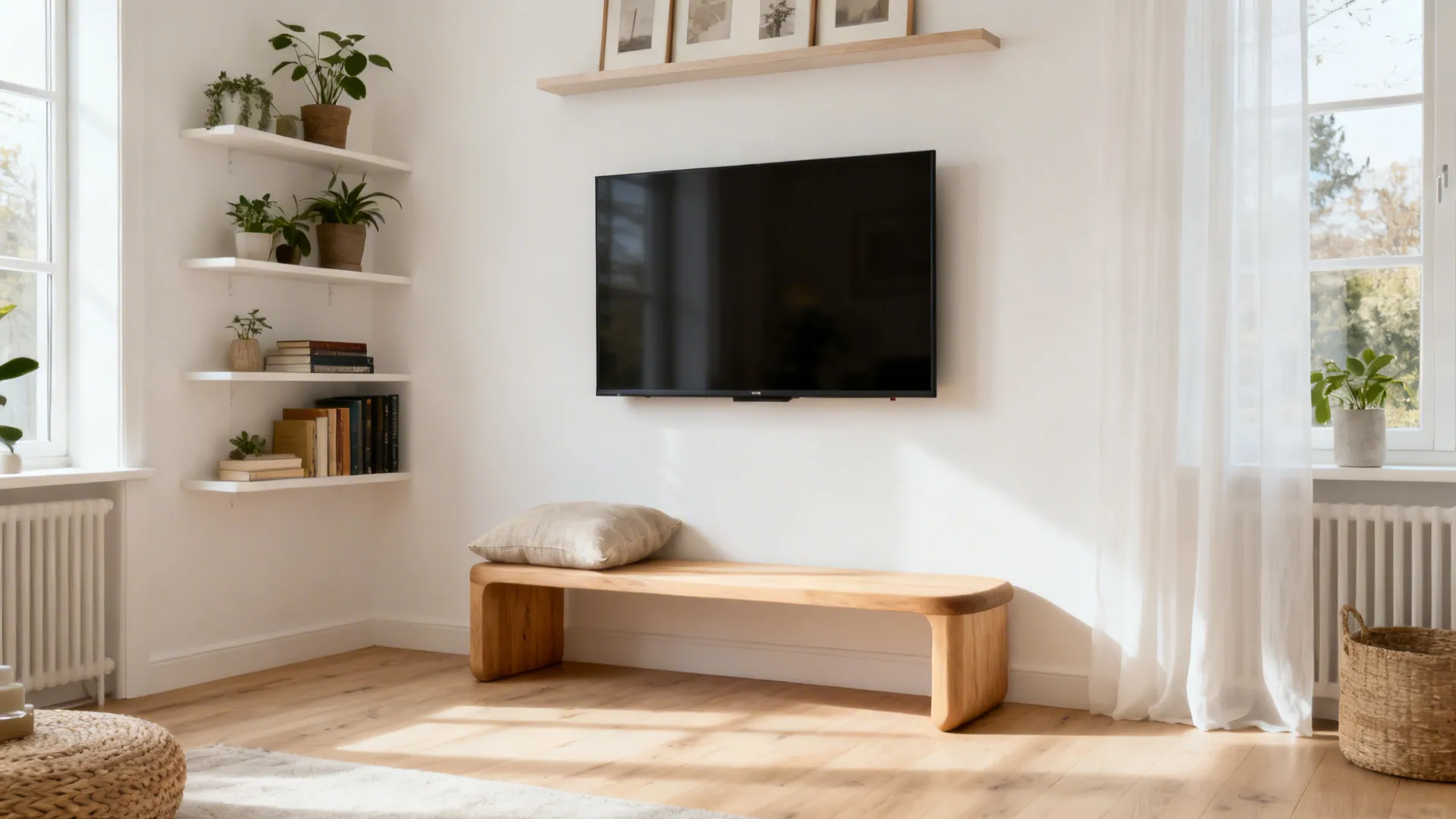 Scandinavian low bench beneath a wall-mounted TV with open shelves, plants, and light wood tones.