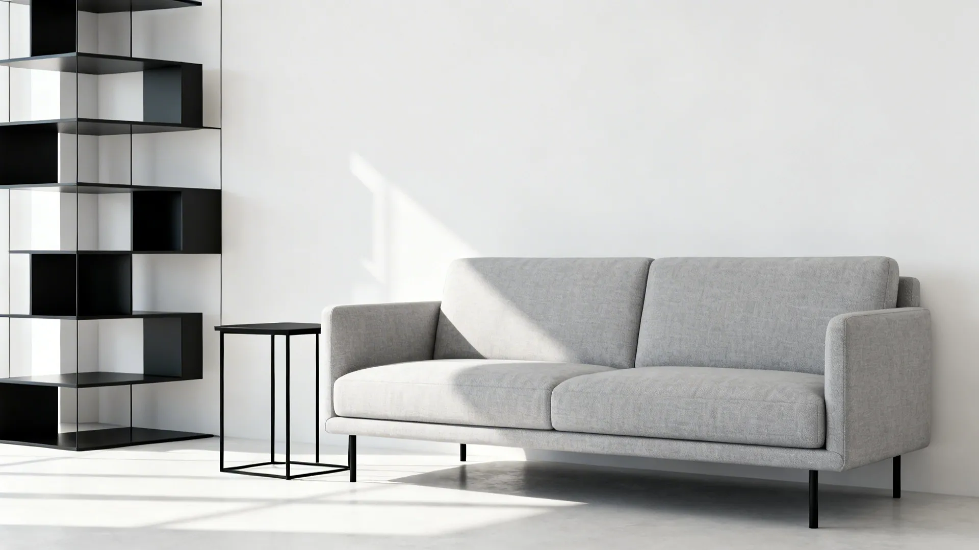 Minimalist white living room with grey sofa black metal shelf small side table and shadows