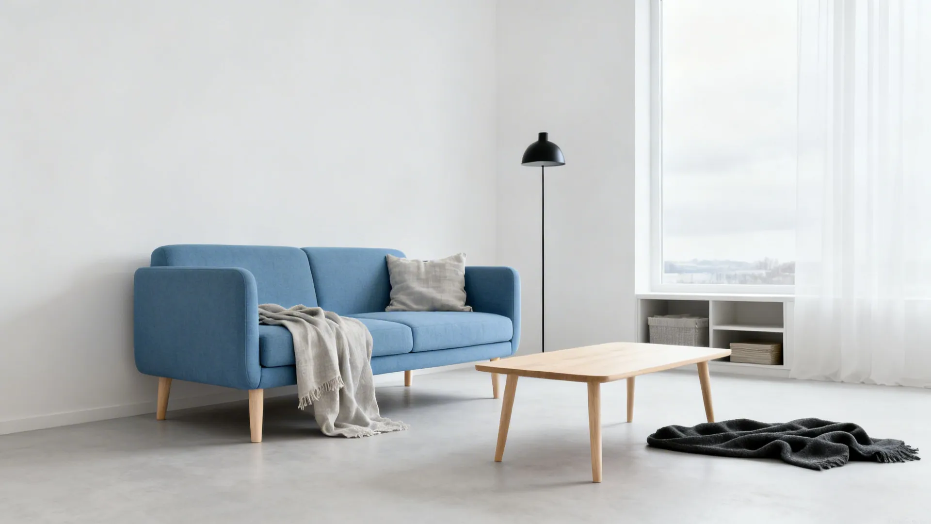 Sky-blue loveseat with pale ash wood and white walls in a serene Scandi living room.