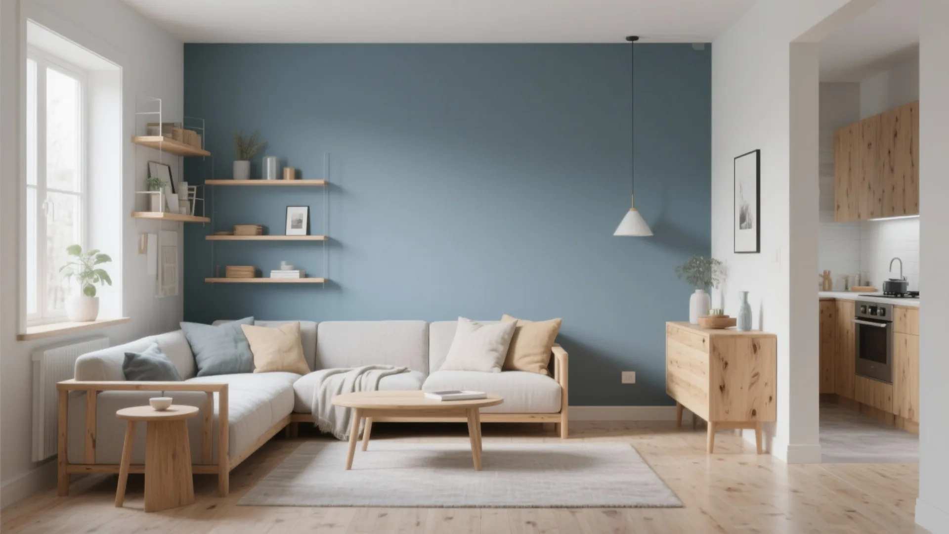 Modern living room with blue wall beige corner sofa wooden furniture and hanging white light