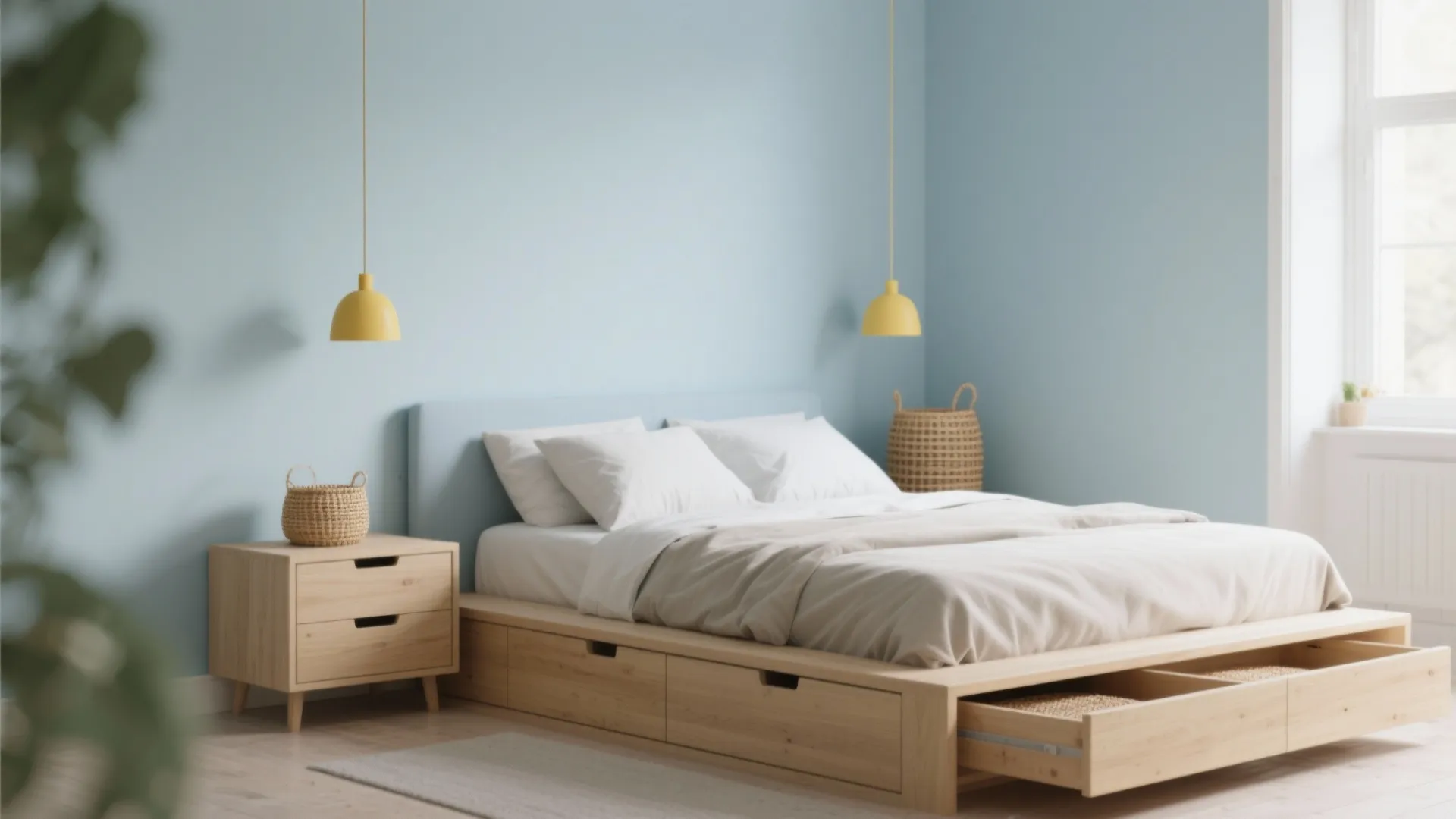 5. Scandinavian Minimal: Pale Blue Walls, Yellow Lamps, Light Wood