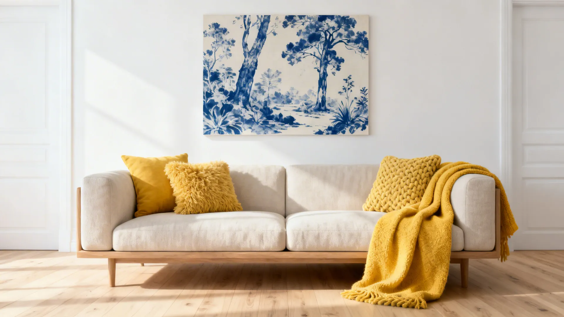 Scandinavian living room with indigo prints, pale oak floor and soft yellow textiles