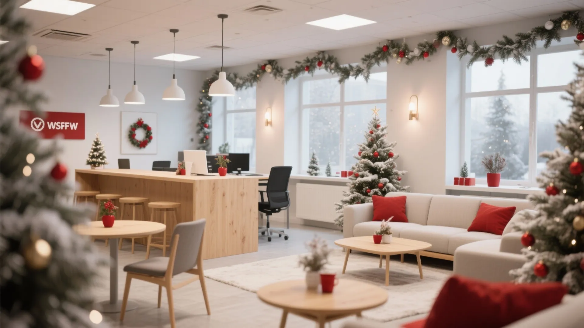 Bright office breakroom with white sofa red pillows wooden bar stools and snowy Christmas trees