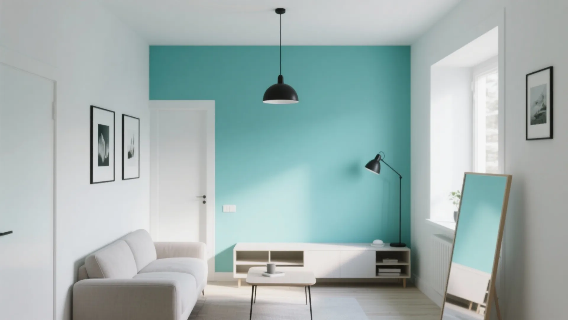 Compact Scandinavian room with a light teal accent wall, white surroundings and black accent pieces.