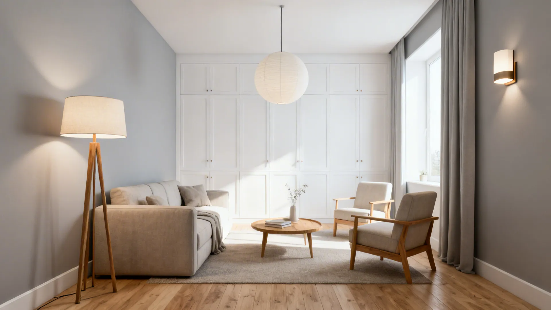 Scandinavian small living room with pale grey walls, white cabinetry and layered lighting.