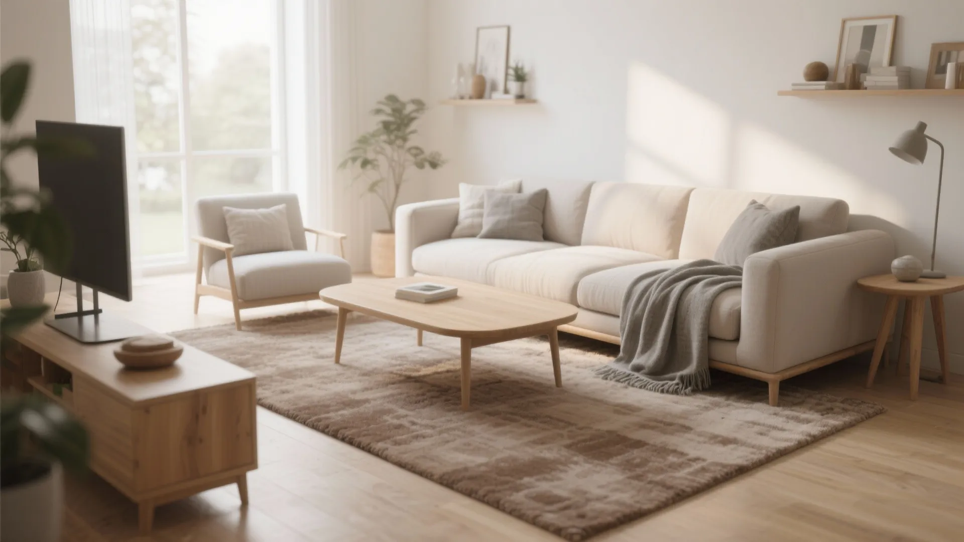 Scandinavian style living room with beige-brown carpet