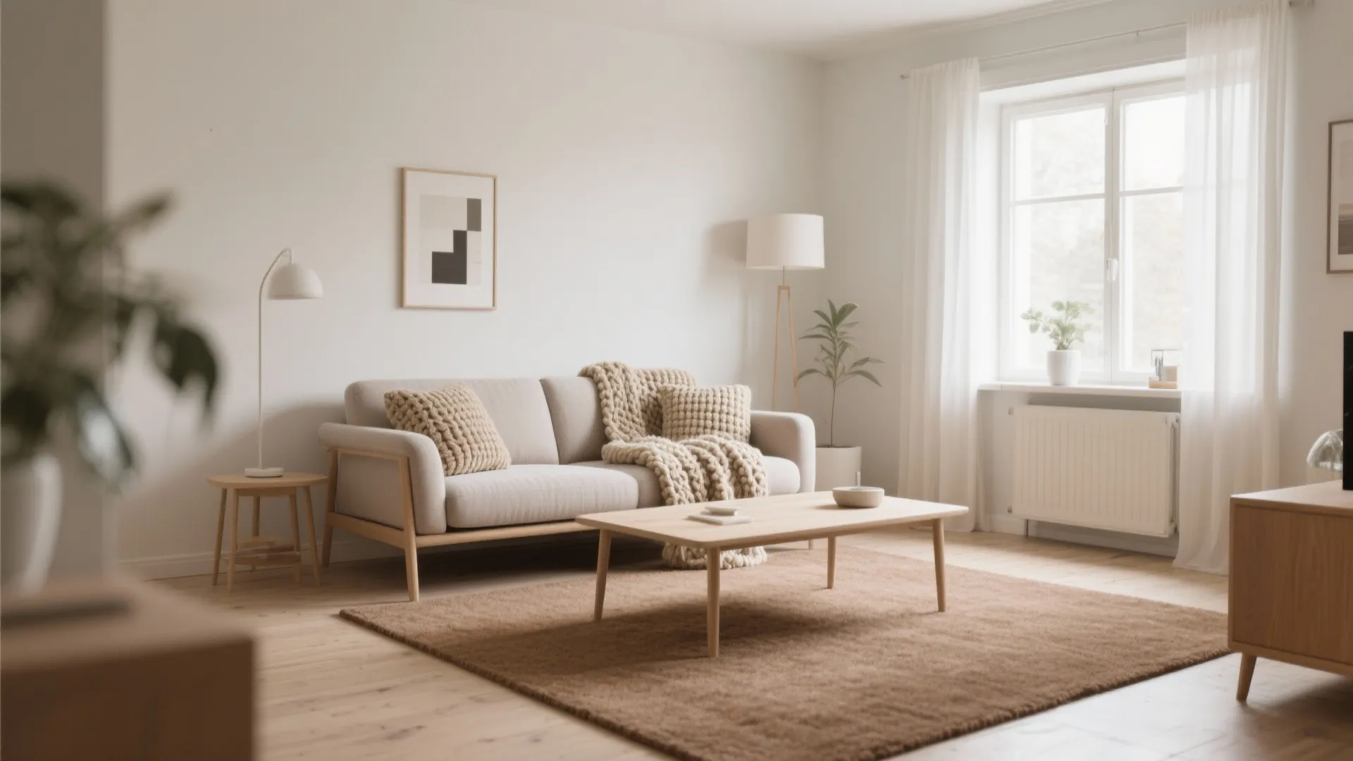 Scandinavian living room with light brown carpet and pale decor