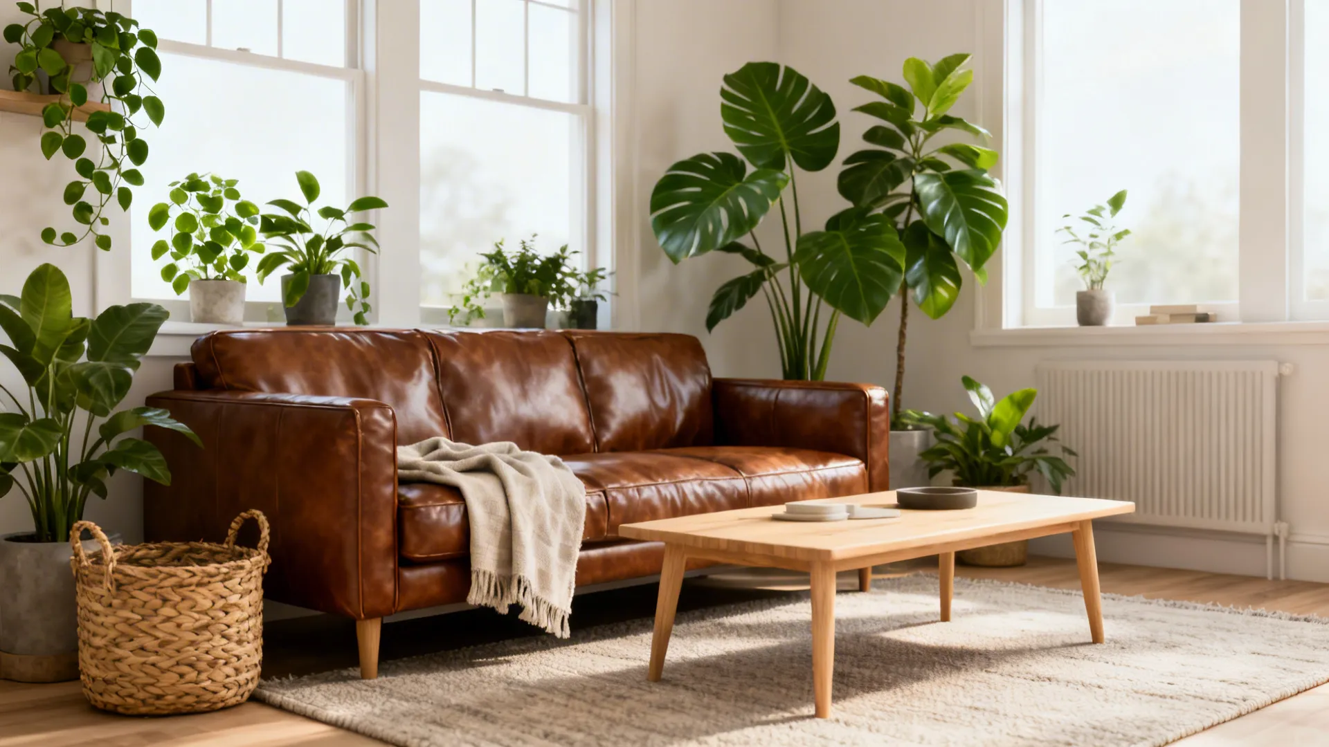 Scandinavian small living room with brown leather couch, pale wood table and plants.