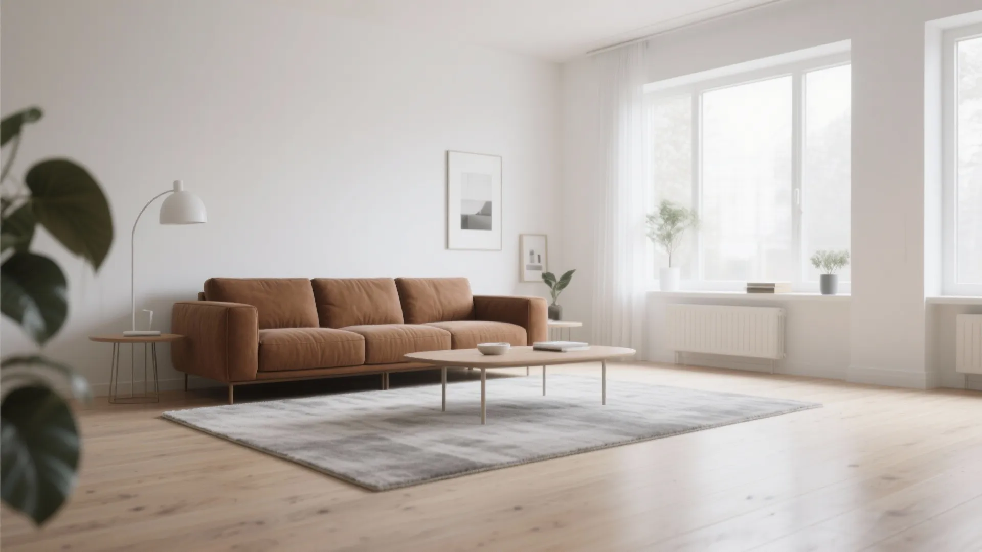 Minimalist living room with brown sofa wooden coffee table white walls large window and grey rug
