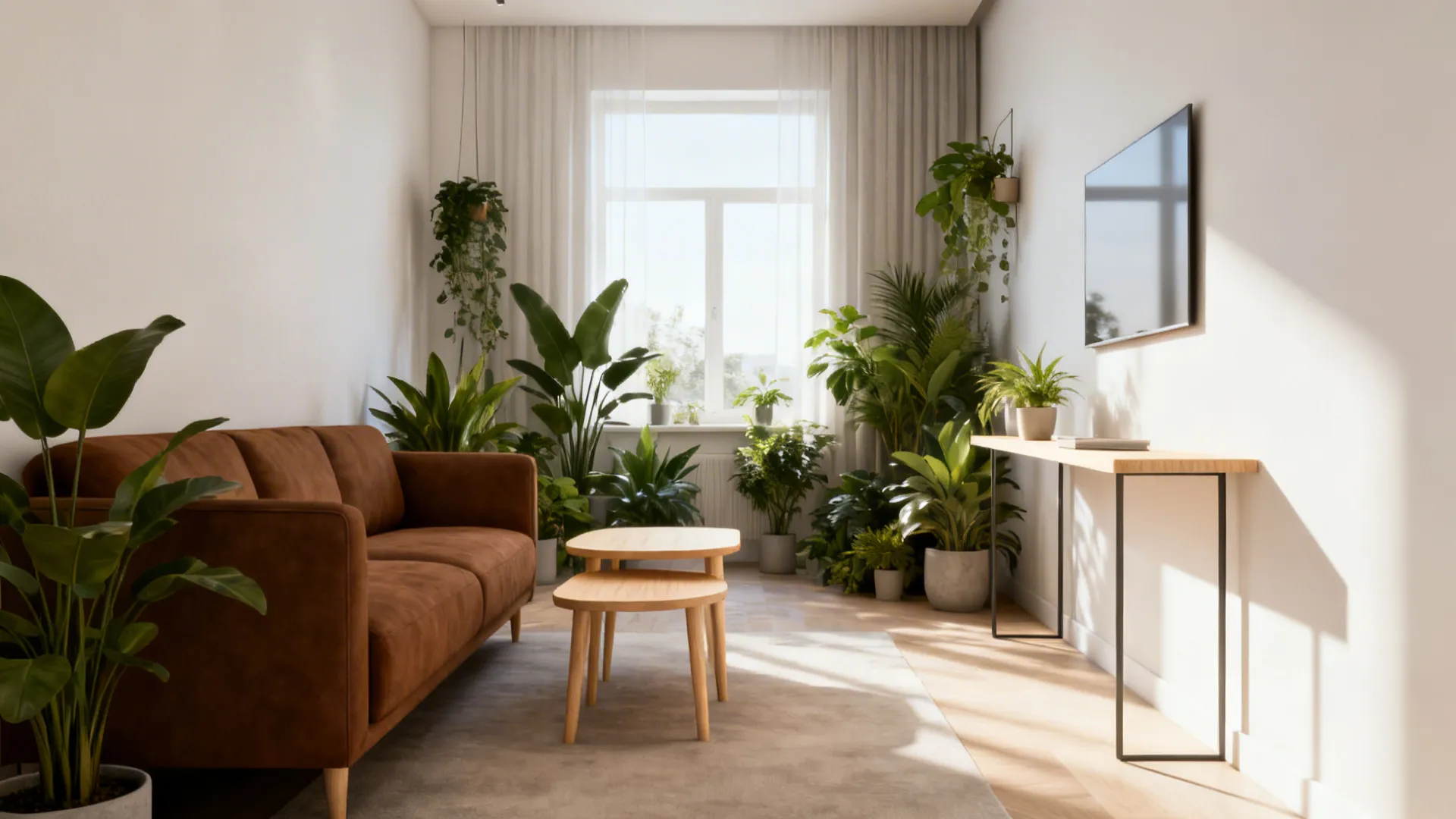 Airy Scandi living room with a brown sofa, pale oak furniture and several green plants.