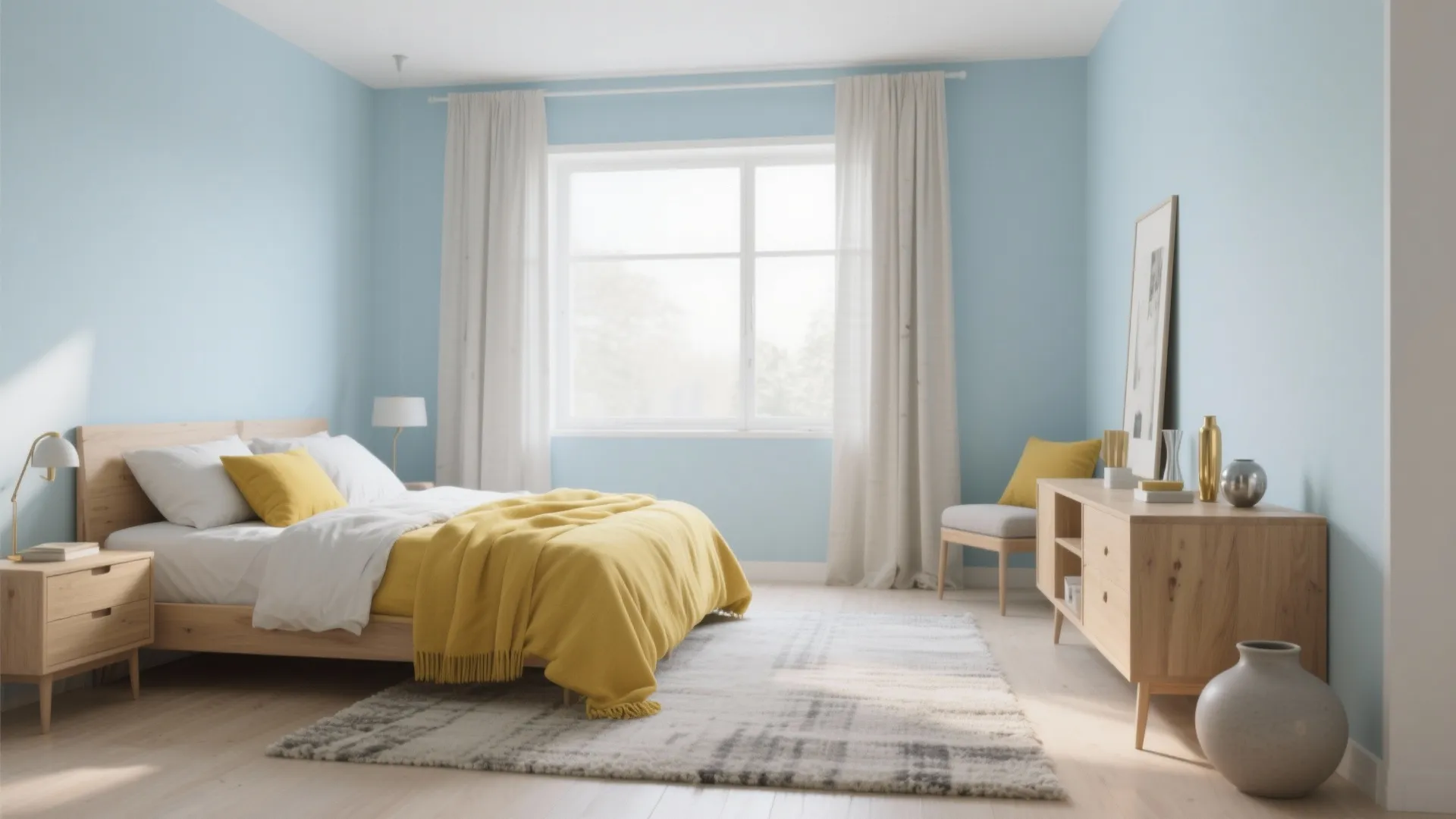 Modern bedroom with light blue walls yellow bedding wooden bed frame cabinet and large window