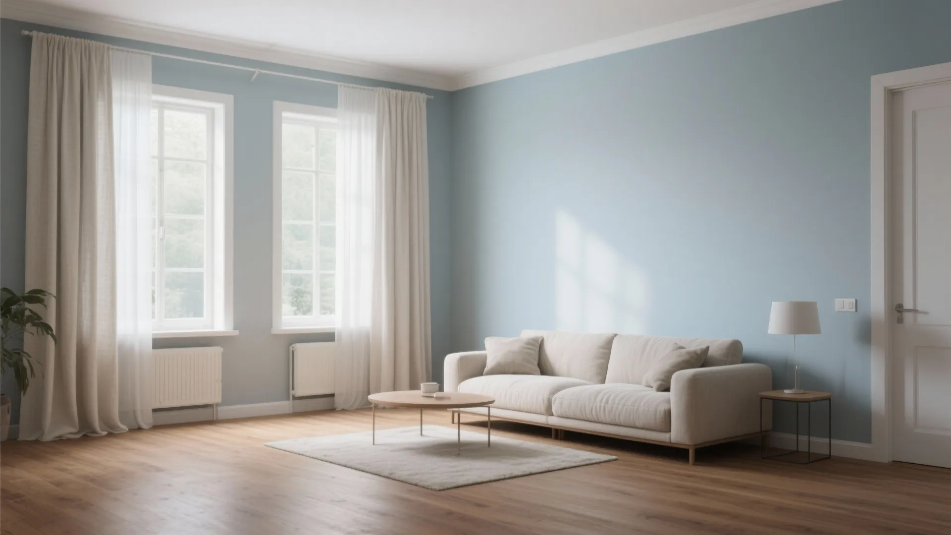 Airy Scandinavian living room with pale blue-grey walls, warm wood floors and linen curtains.